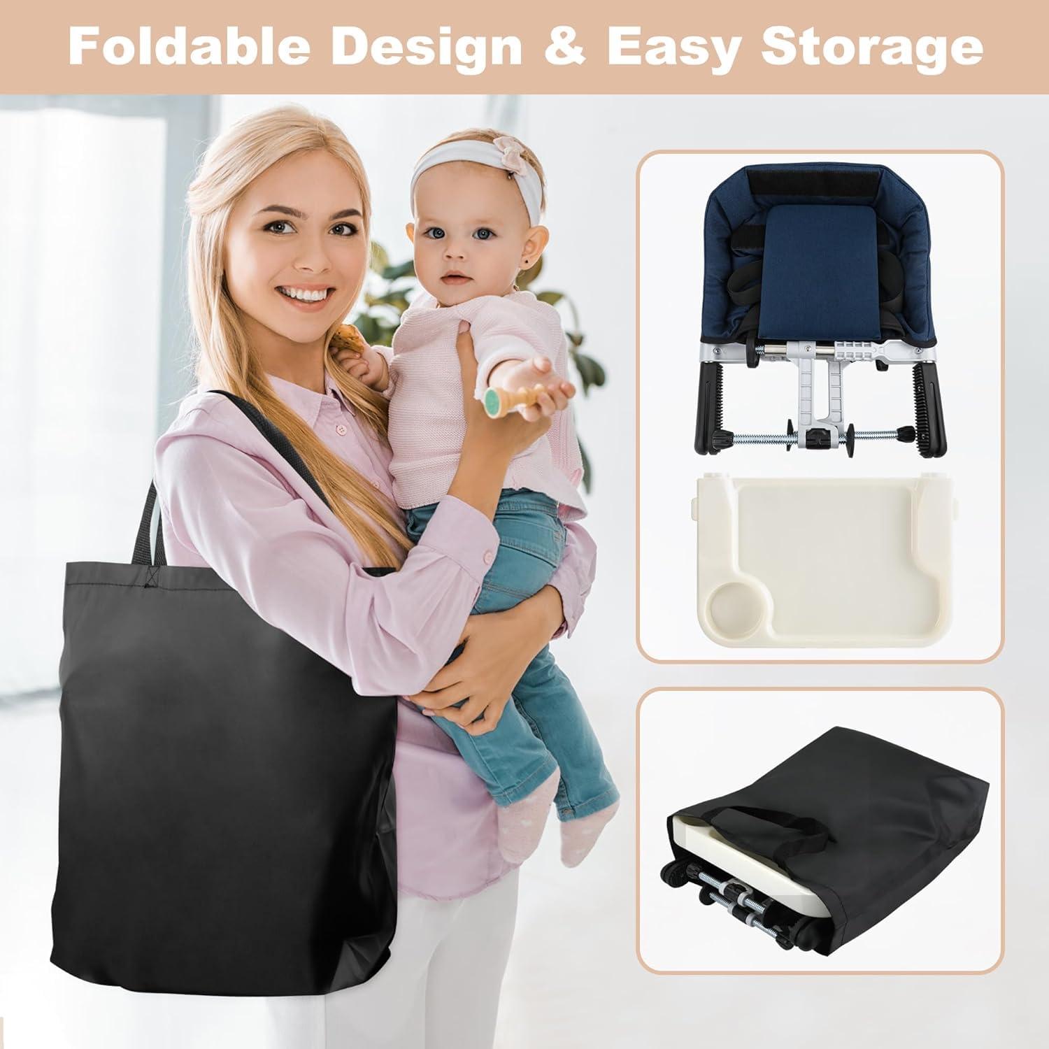 Silla Alta Portátil Jozzve con Gancho y Bandeja Removible Azul