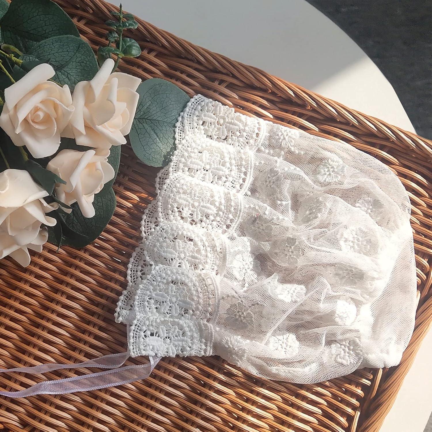 Bonete de Niña Bebé con Encaje de Algodón - 0-3 y 3-9 Meses