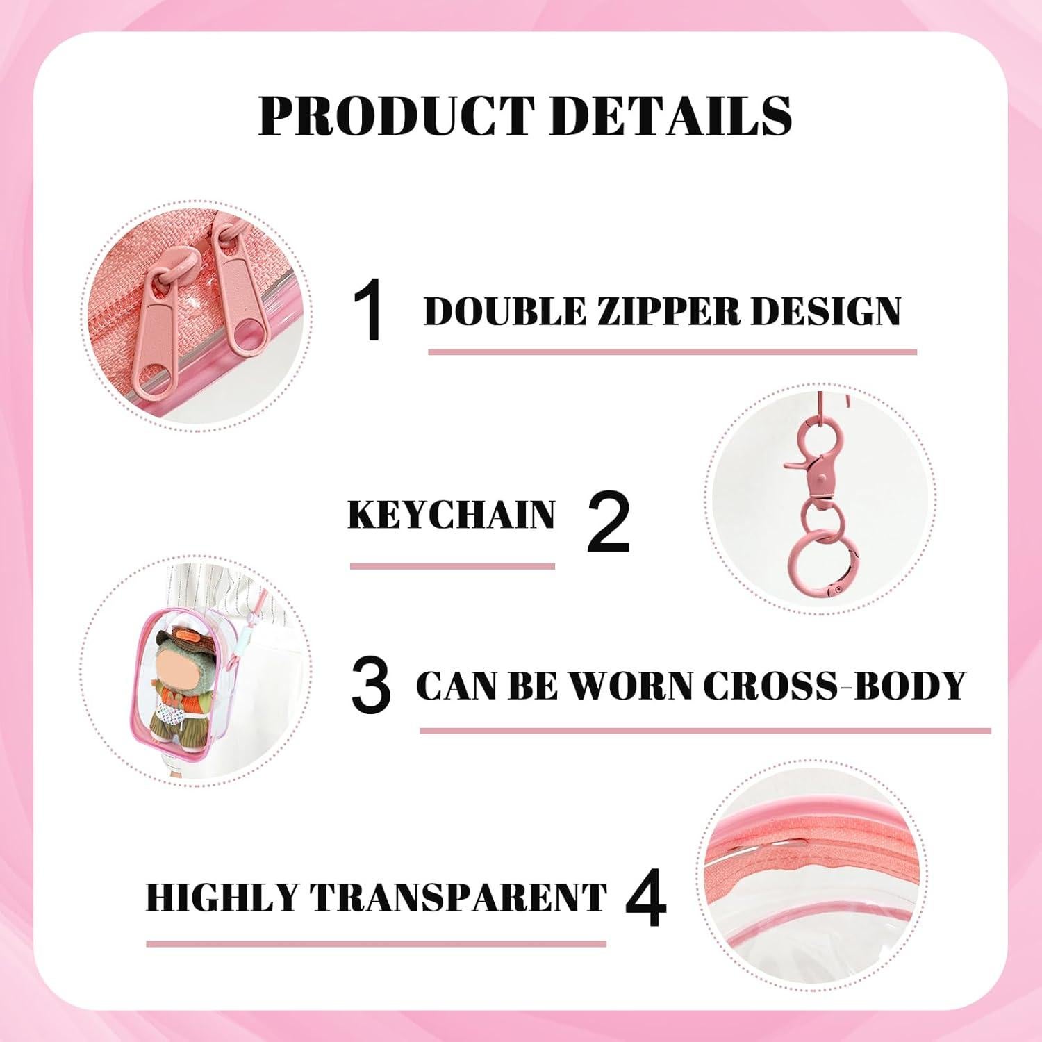 Bolsa de exhibición clara grande PVC con llavero rosa