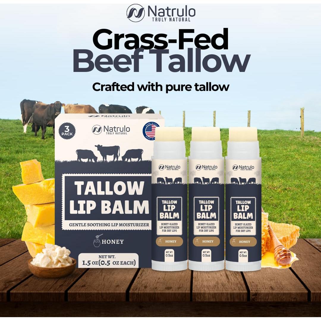 Bálsamo Labial Natural Natrulo - Hidratante de Grasa de Res 3Pk