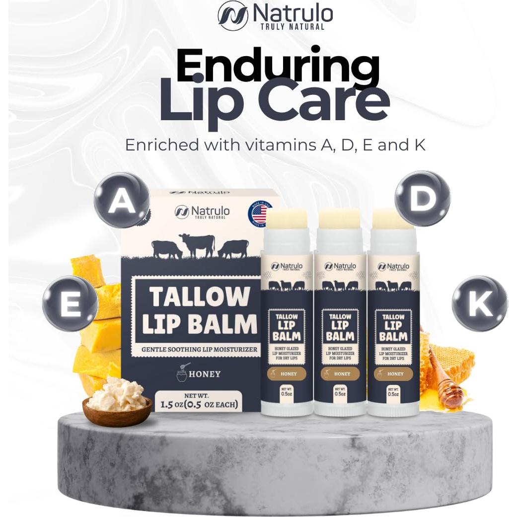 Bálsamo Labial Natural Natrulo - Hidratante de Grasa de Res 3Pk