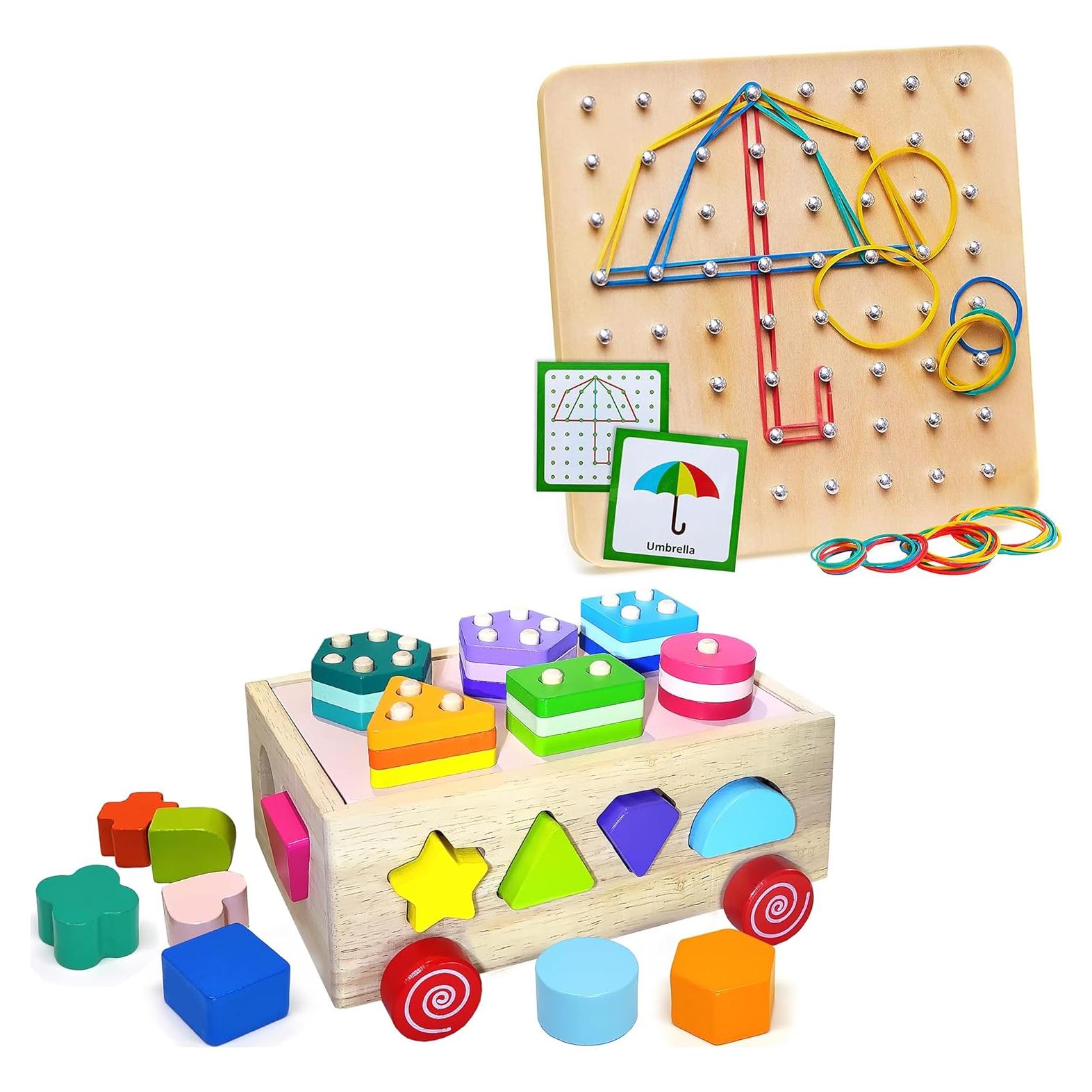 Conjunto de Juguetes Montessori Panda Brothers - Tablero Geométrico y Coche Clasificador