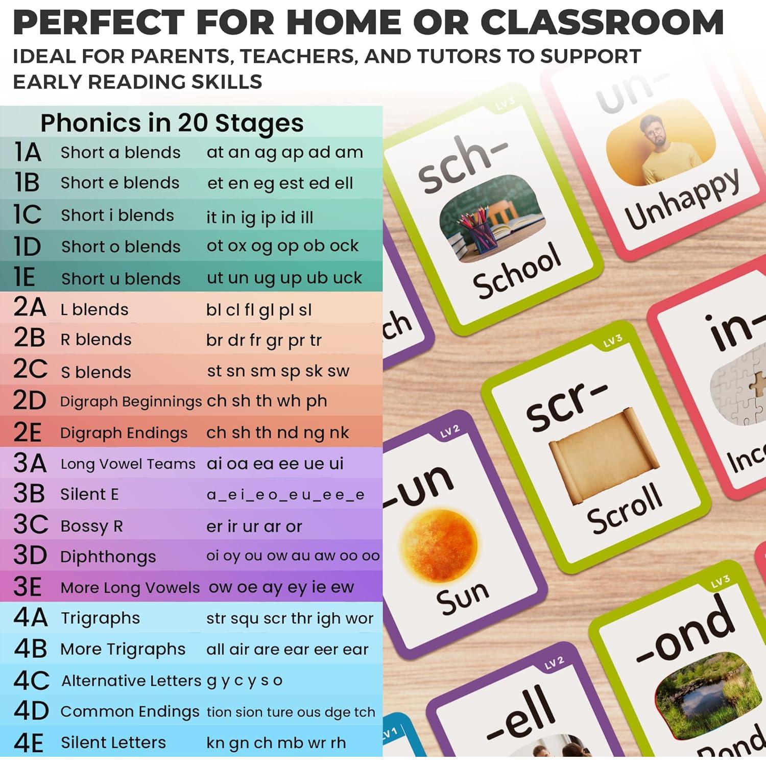 Tarjetas de Flash Fonéticas QUOKKA 260 Piezas para Niños 3-8 Años