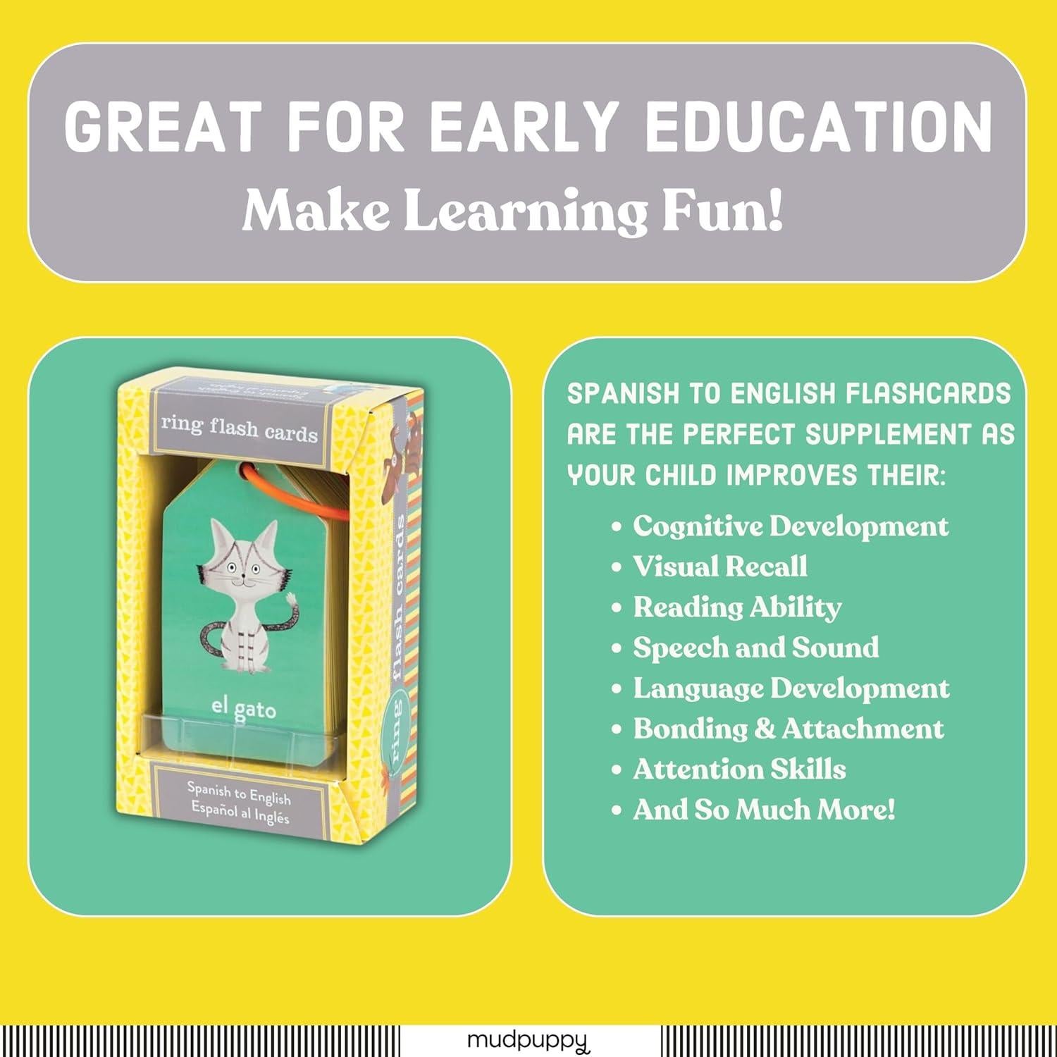 Tarjetas de Flash Mudpuppy Español-Inglés 26 Piezas 6.99x12.7cm