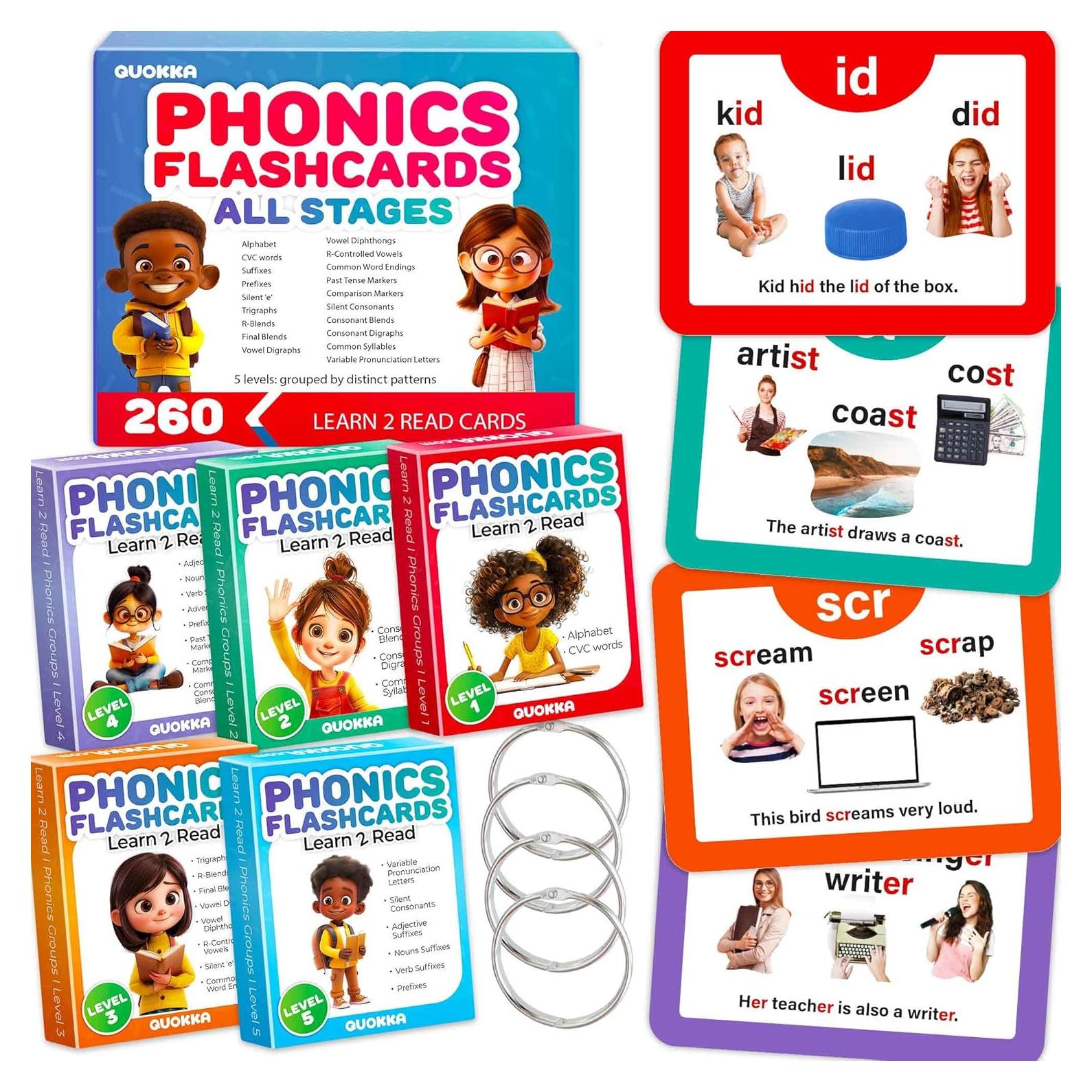 Tarjetas de Fonética QUOKKA para Niños 4-8 Años - 260 Juegos