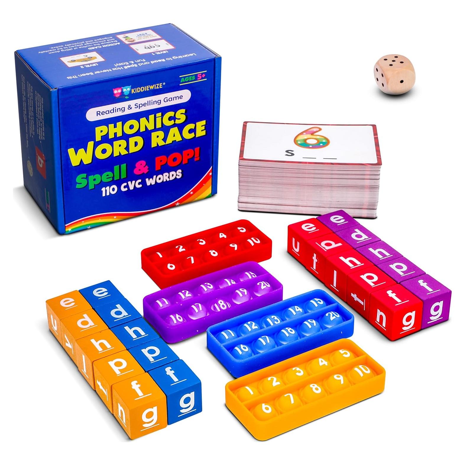 Juego de Fonética CVC KIDDIEWIZE con 110 Tarjetas y Bloques