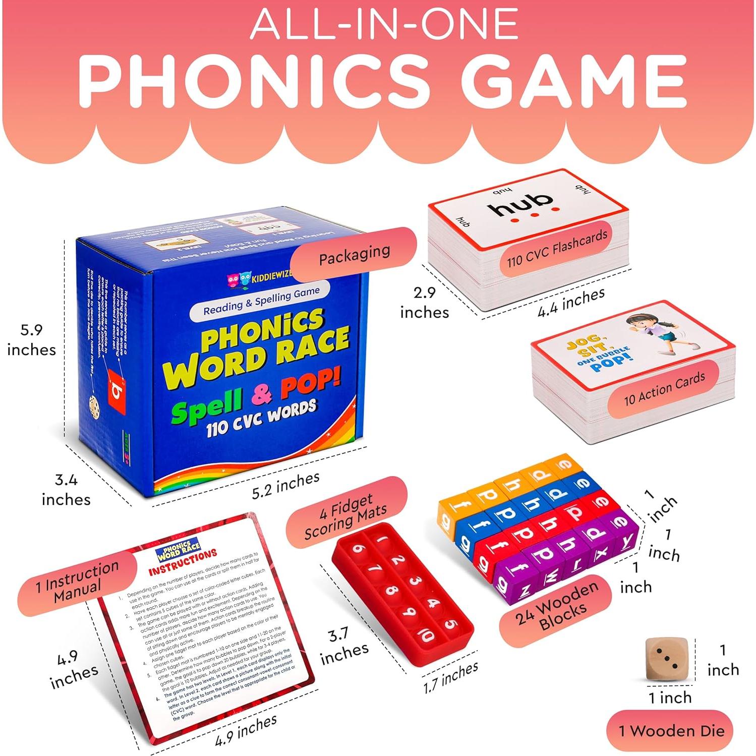 Juego de Fonética CVC KIDDIEWIZE con 110 Tarjetas y Bloques