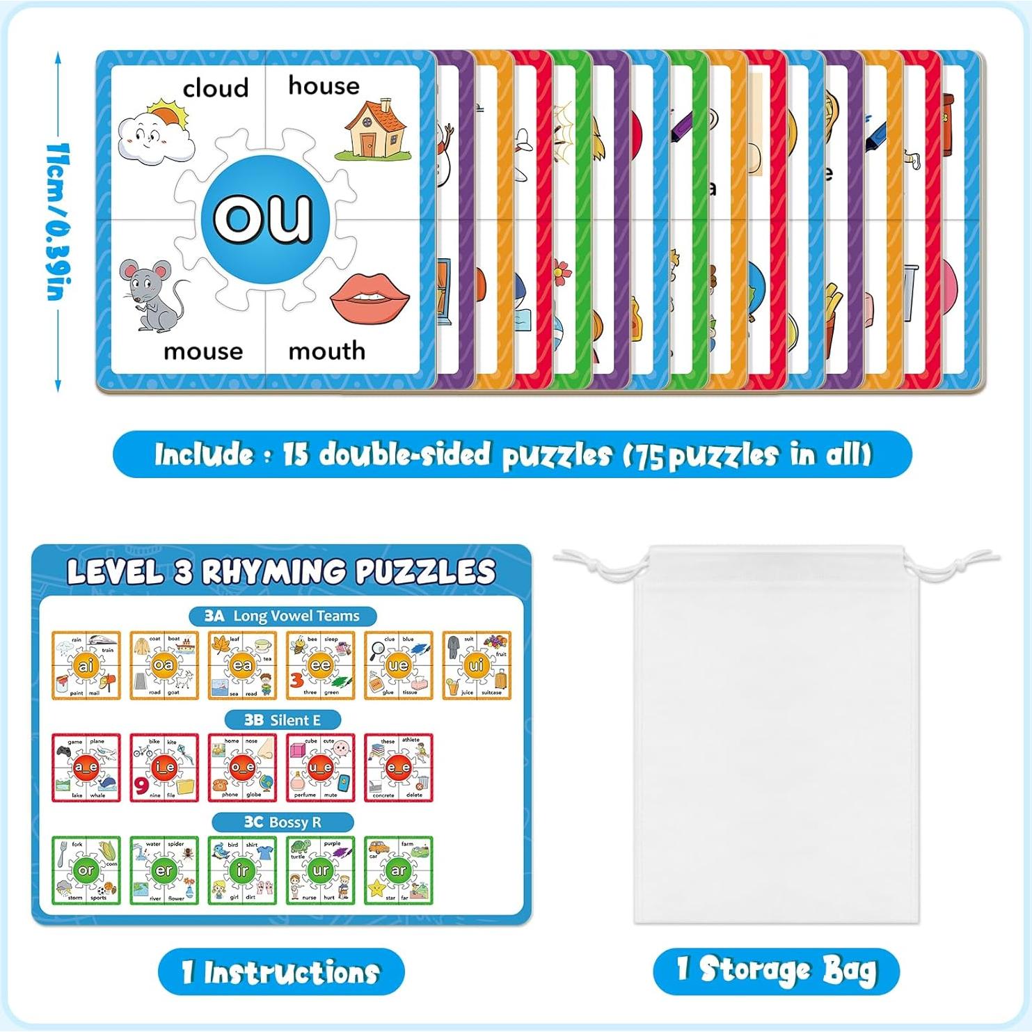 Juegos de Rompecabezas de Fonética Edulok - 15 Tarjetas para Niños