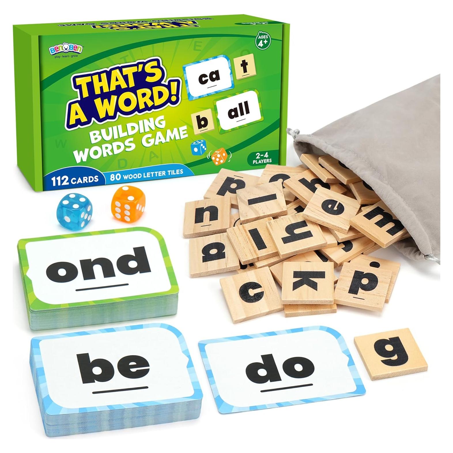 Juego de Ortografía BenBen - 112 Tarjetas Didácticas y Fichas de Letras de Madera - 1-4 Jugadores - Aprendizaje para Niños de 4 Años en Adelante