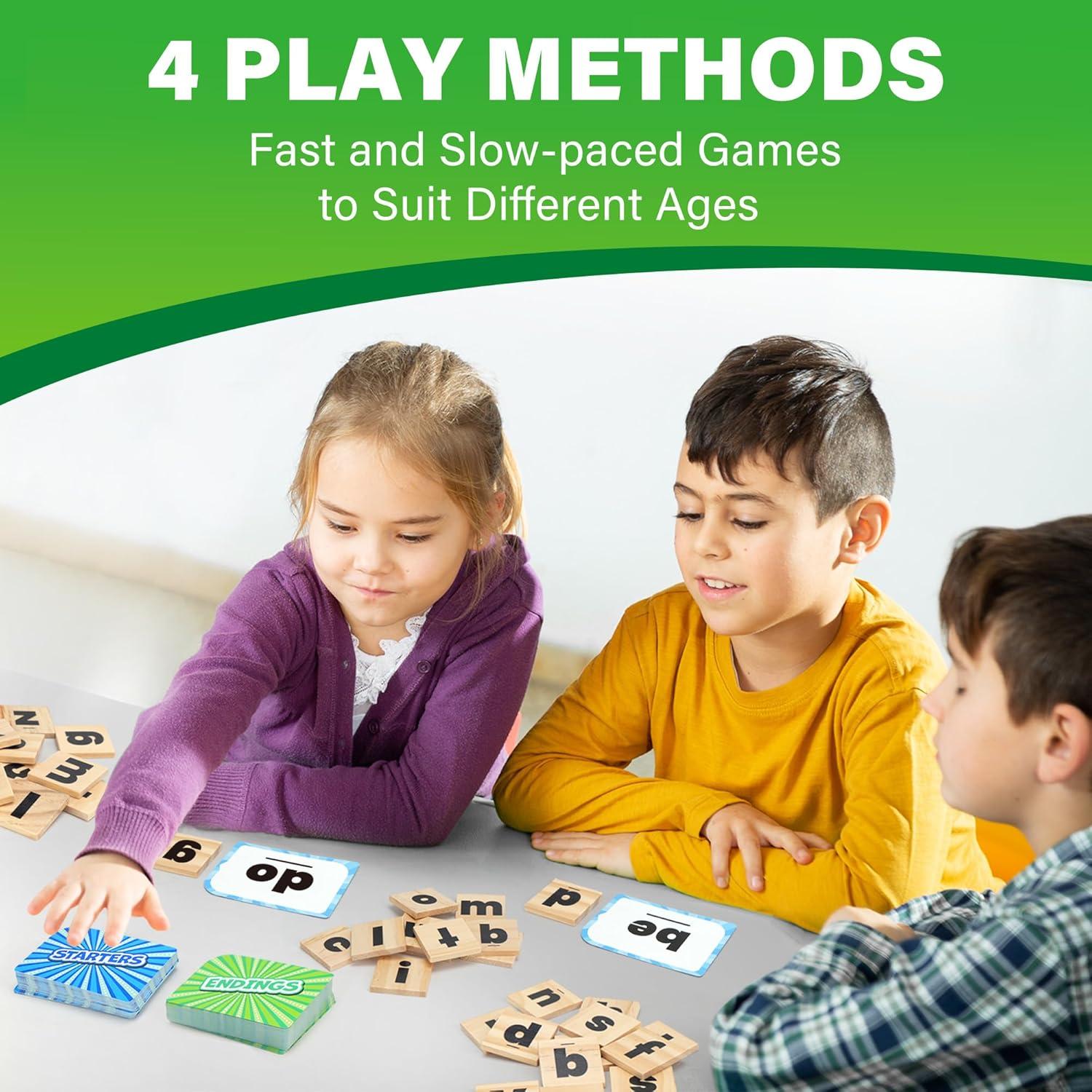 Juego de Ortografía BenBen - 112 Tarjetas Didácticas y Fichas de Letras de Madera - 1-4 Jugadores - Aprendizaje para Niños de 4 Años en Adelante