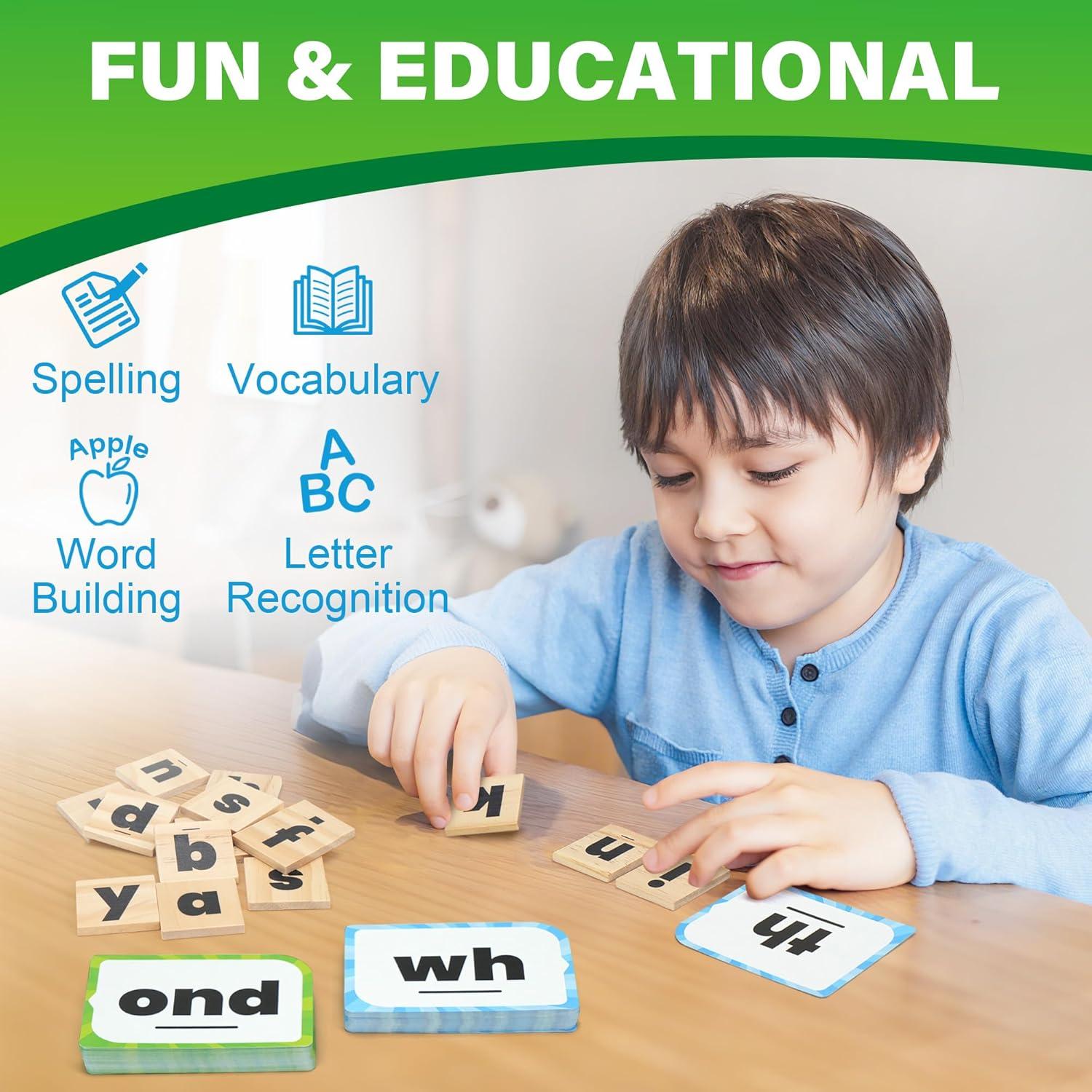 Juego de Ortografía BenBen - 112 Tarjetas Didácticas y Fichas de Letras de Madera - 1-4 Jugadores - Aprendizaje para Niños de 4 Años en Adelante