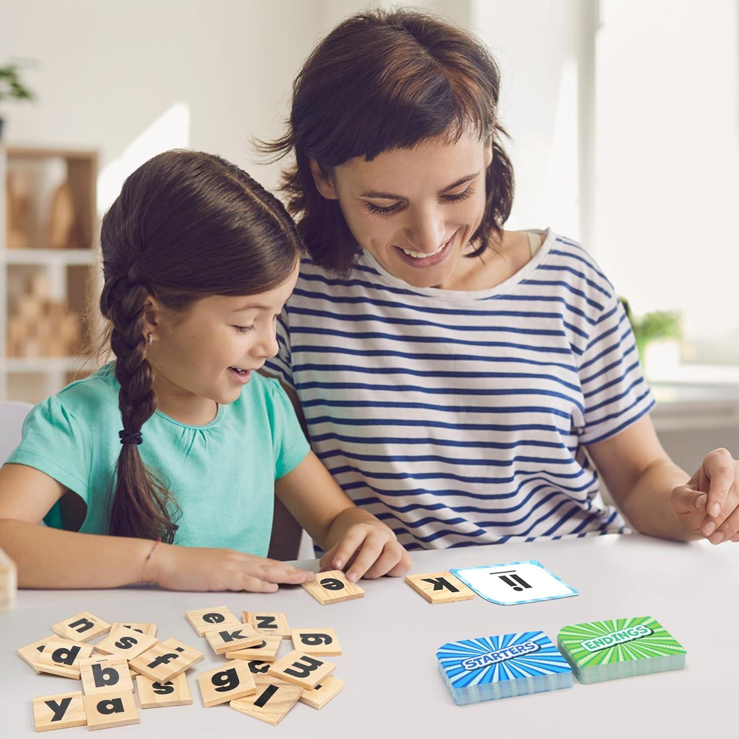 Juego de Ortografía BenBen - 112 Tarjetas Didácticas y Fichas de Letras de Madera - 1-4 Jugadores - Aprendizaje para Niños de 4 Años en Adelante