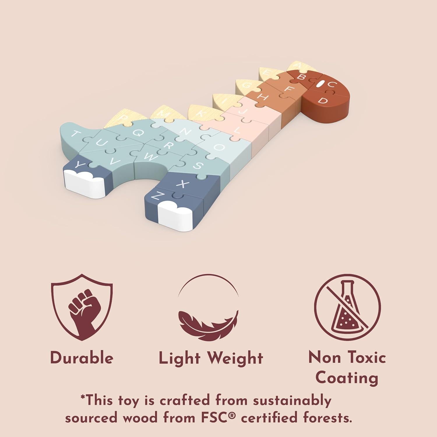 Rompecabezas ABC Dino Speedy Monkey - Juguete de Madera 30x17.7 cm