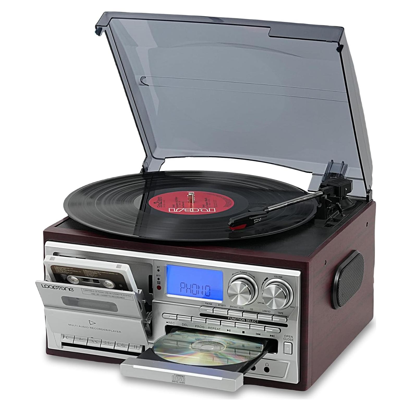 Reproductor de Vinilo LoopTone 10 en 1 Bluetooth 3 Velocidades Rojo-Plata