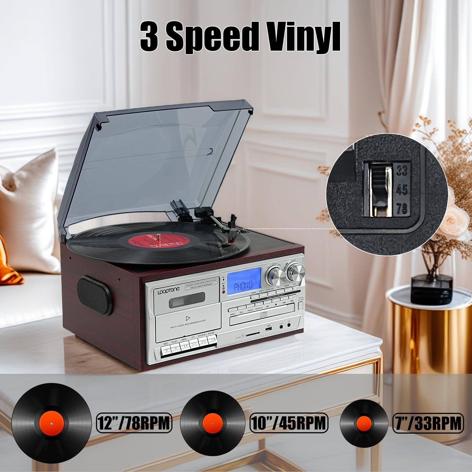 Reproductor de Vinilo LoopTone 10 en 1 Bluetooth 3 Velocidades Rojo-Plata