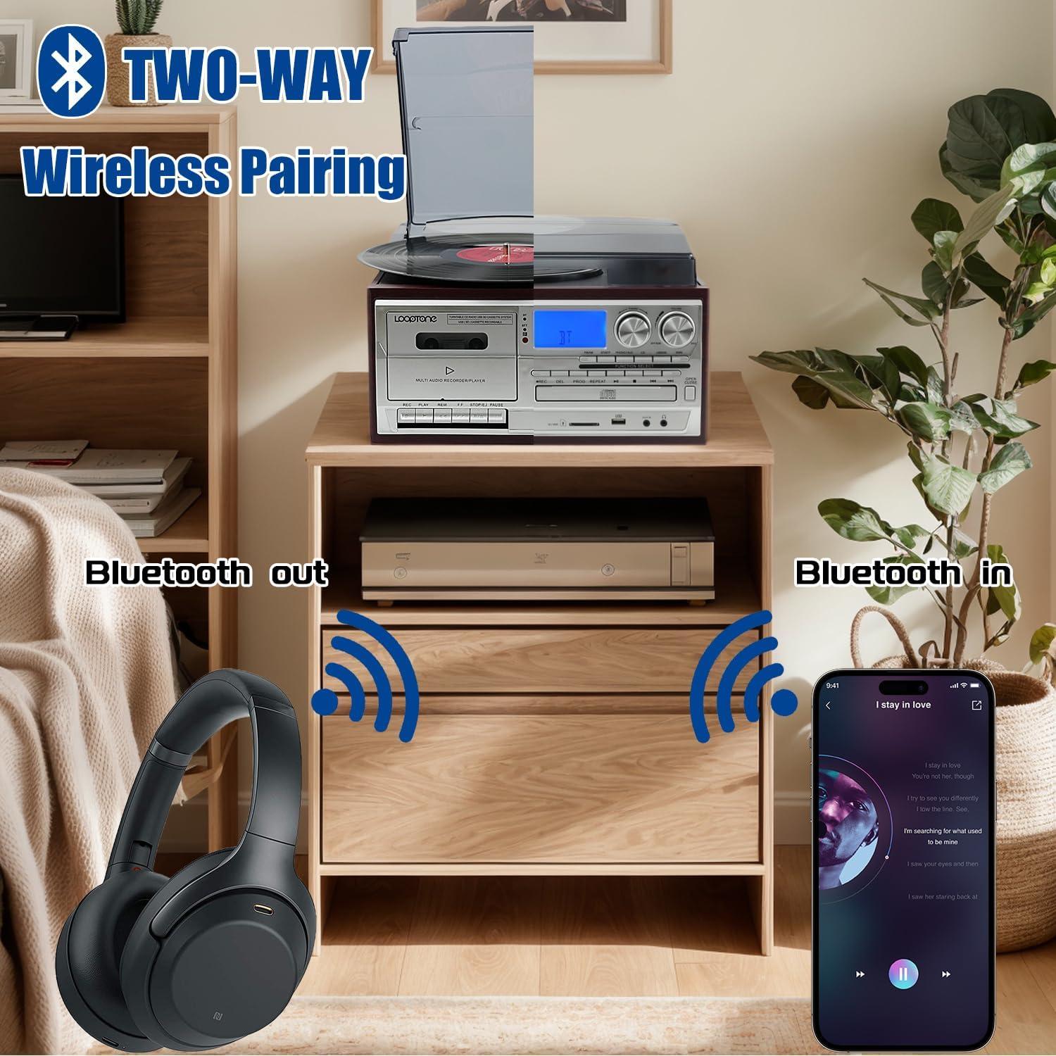 Reproductor de Vinilo LoopTone 10 en 1 Bluetooth 3 Velocidades Rojo-Plata