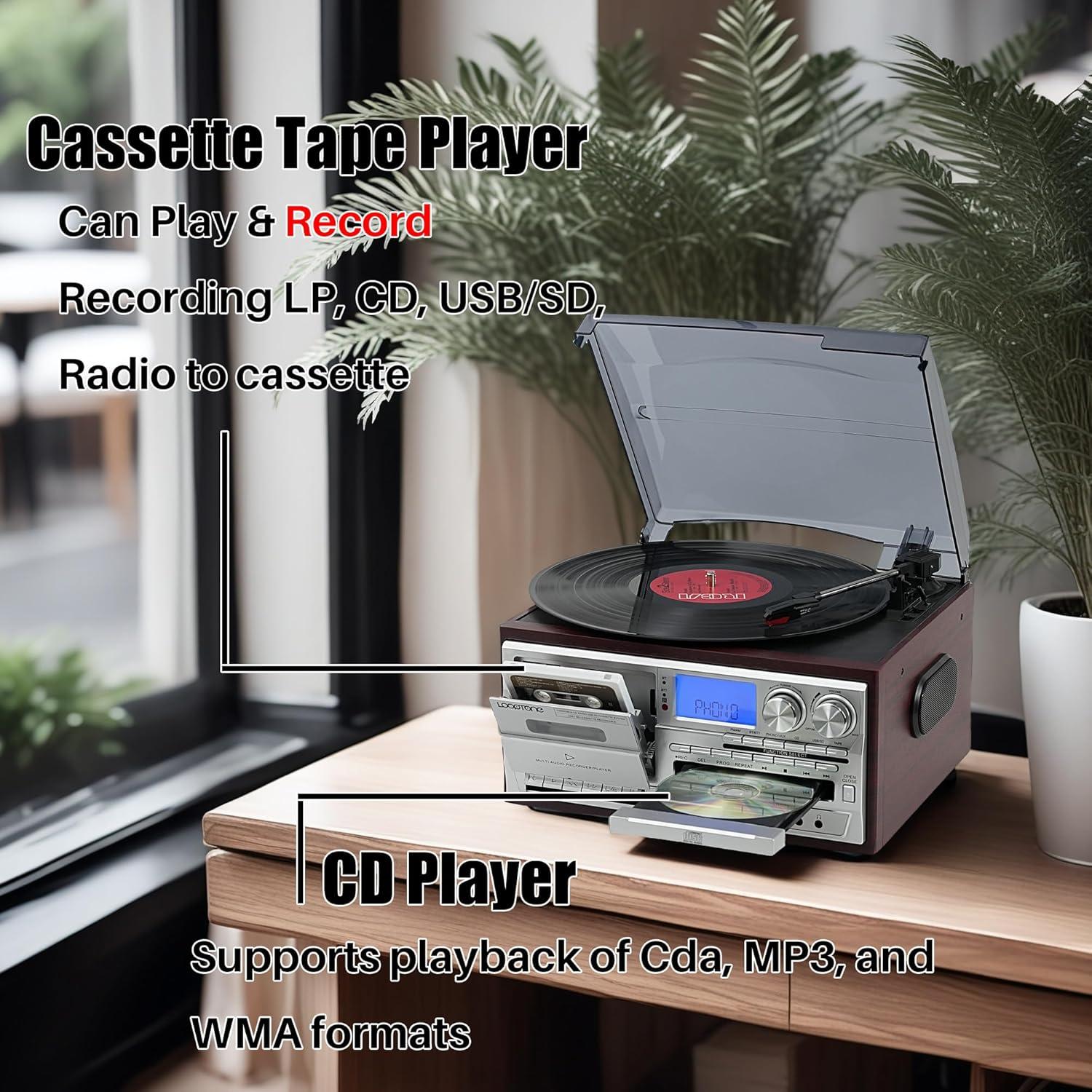 Reproductor de Vinilo LoopTone 10 en 1 Bluetooth 3 Velocidades Rojo-Plata