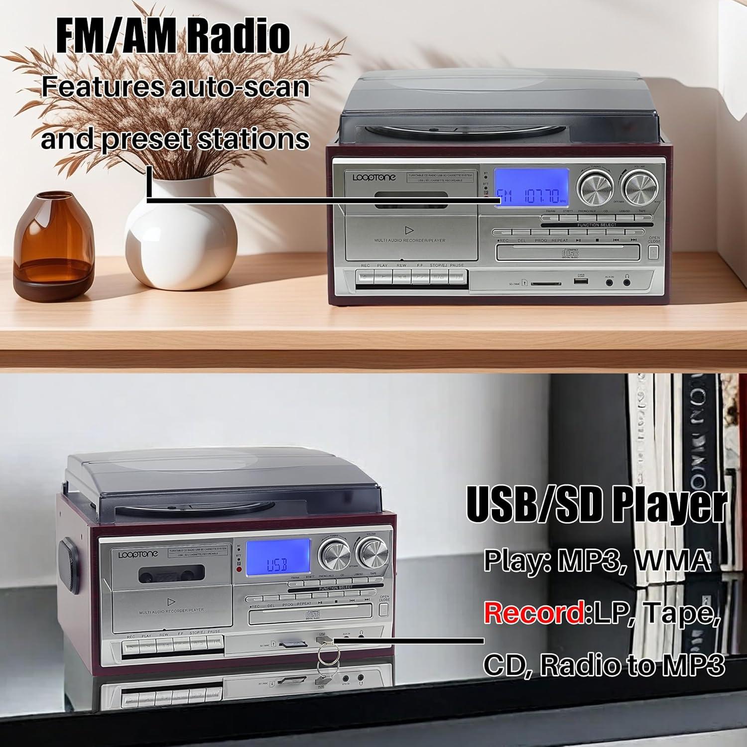 Reproductor de Vinilo LoopTone 10 en 1 Bluetooth 3 Velocidades Rojo-Plata