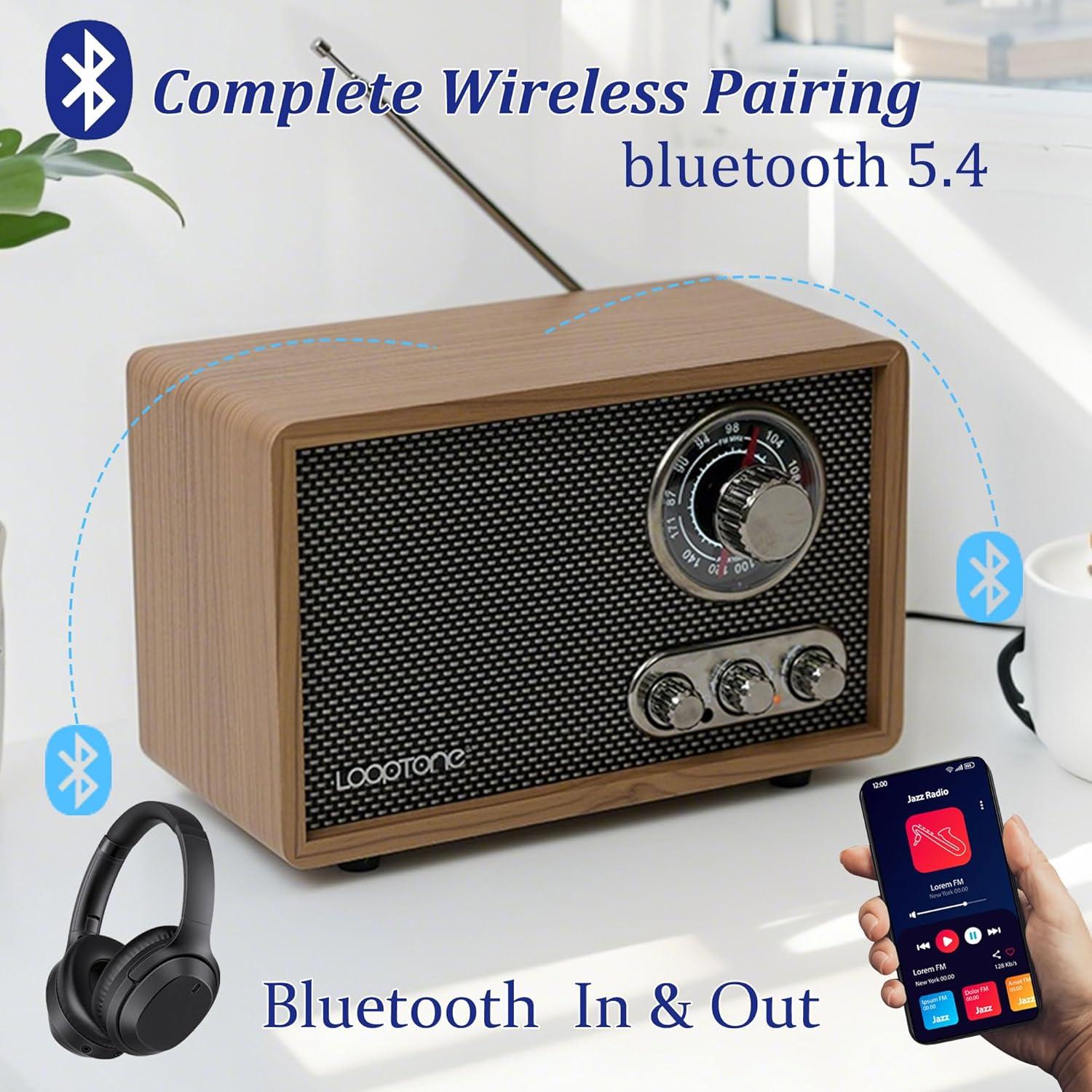 Radio LoopTone R08P AM FM Bluetooth Madera Retro 24cm