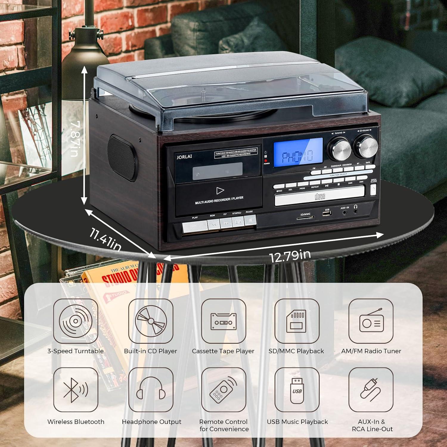 Tocadiscos Retro Jorlai T408 9 en 1 Bluetooth CD Radio