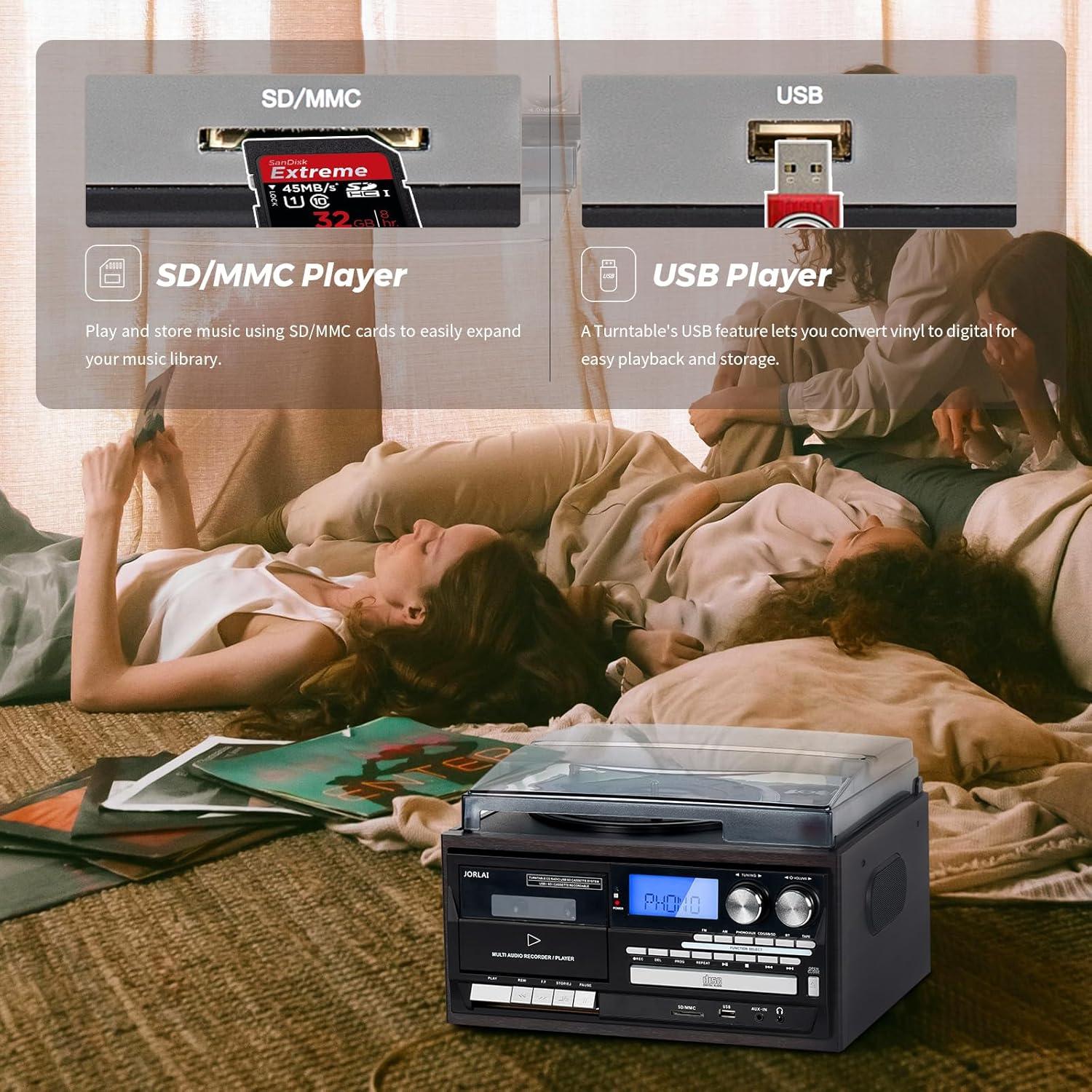 Tocadiscos Retro Jorlai T408 9 en 1 Bluetooth CD Radio