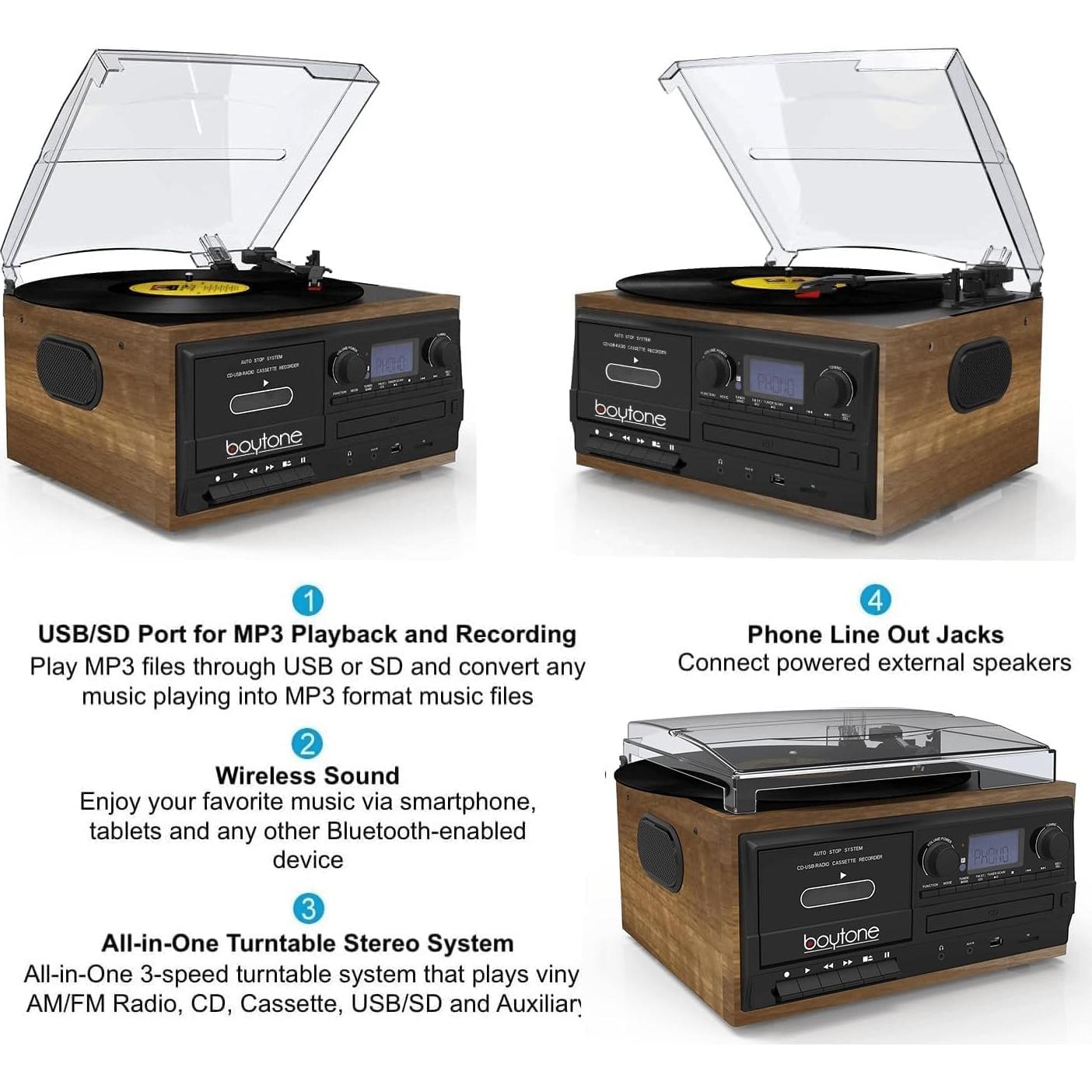 Tocadiscos Boytone BT-32W Vintage Bluetooth 3 Velocidades