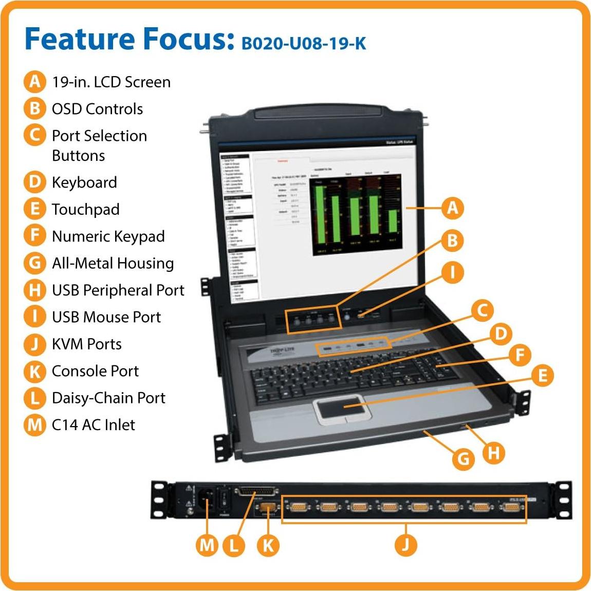 Interruptor KVM Tripp Lite B020-U08-19-K 8 Puertos LCD 19"