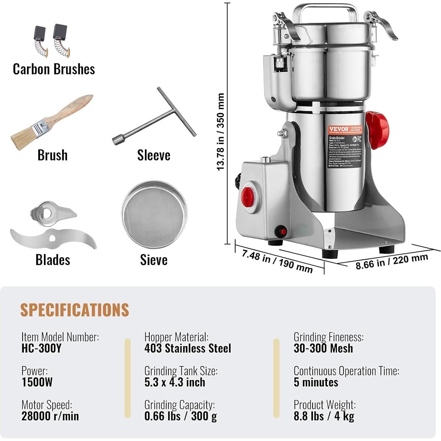 Molinillo de Granos Eléctrico VEVOR 300g 1500W Acero Inoxidable