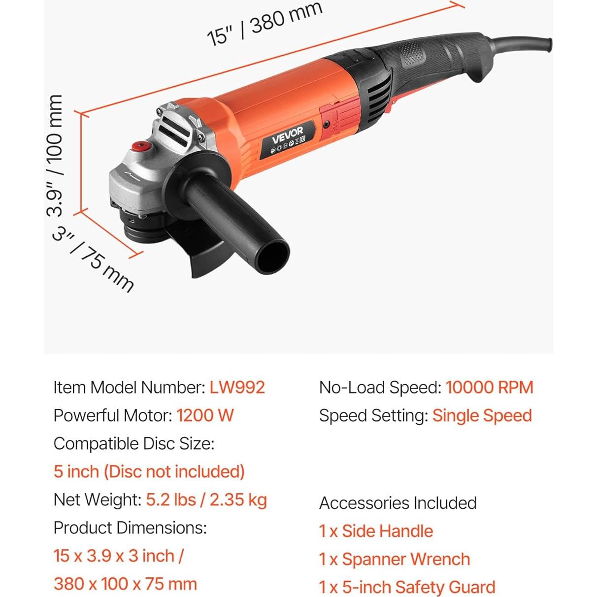 Amoladora Angular VEVOR 1200W 5" 10000RPM con Protector Ajustable