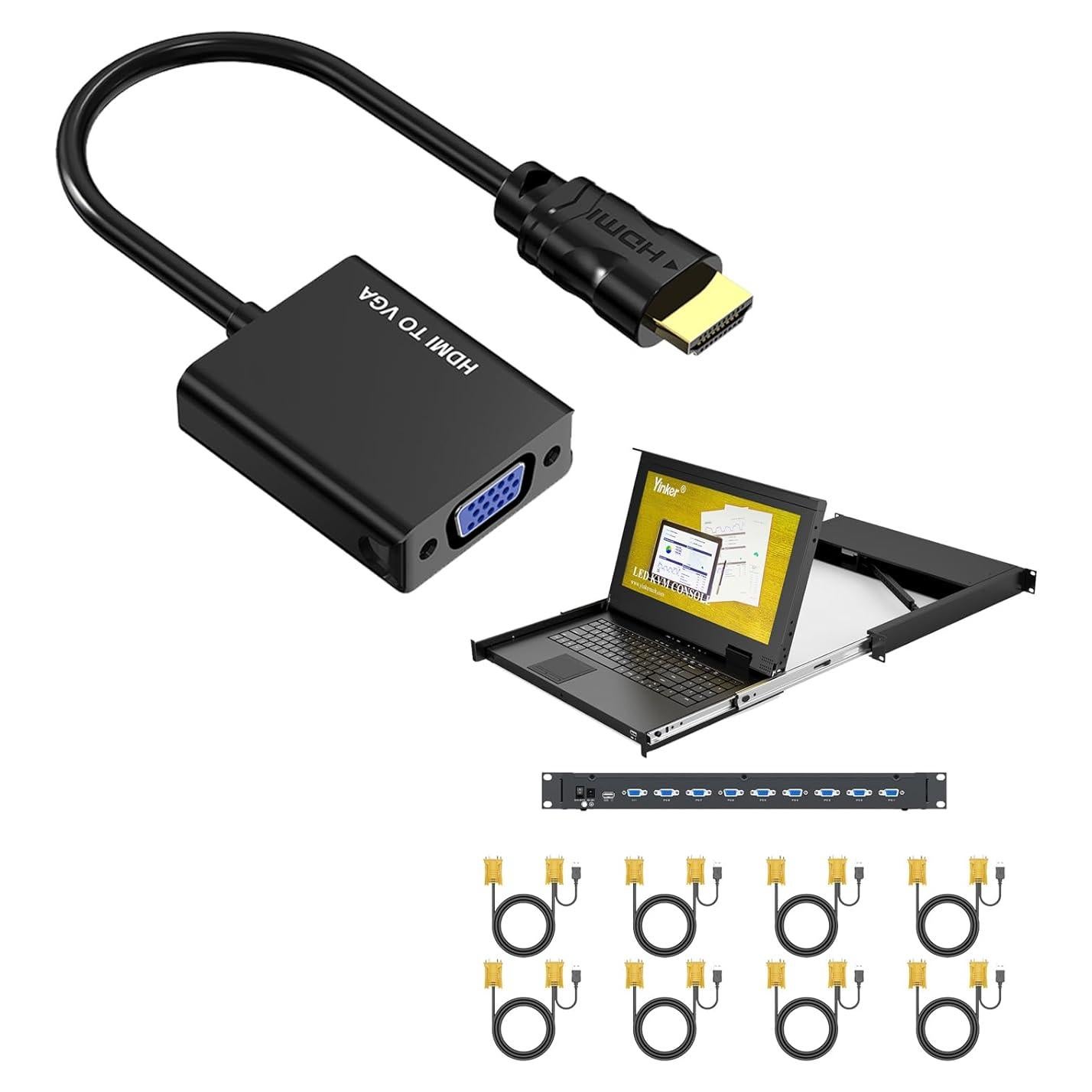 Monitor KVM LCD 15.6" Yinker 8 Puertos + Adaptador HDMI a VGA