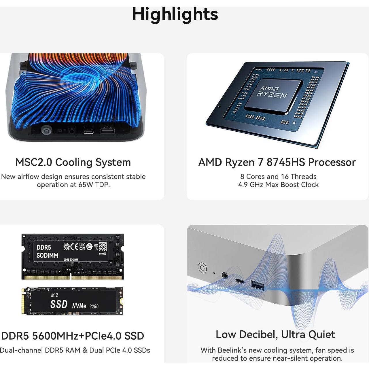 Mini PC Beelink SER8, AMD Ryzen 7 8745HS, 24GB RAM, 1TB SSD