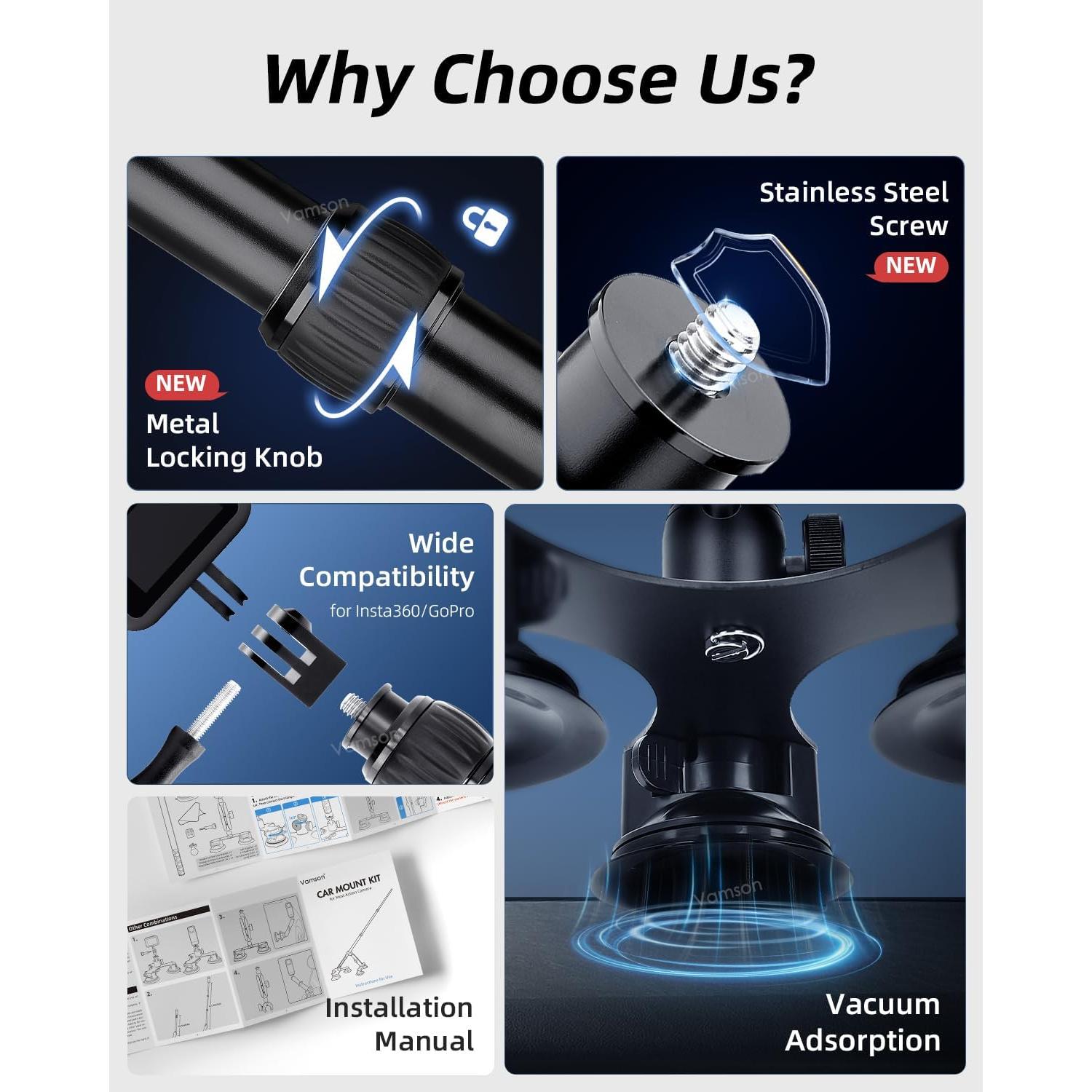 Kit de Montaje de Coche 5 en 1 Vamson para Cámaras de Acción