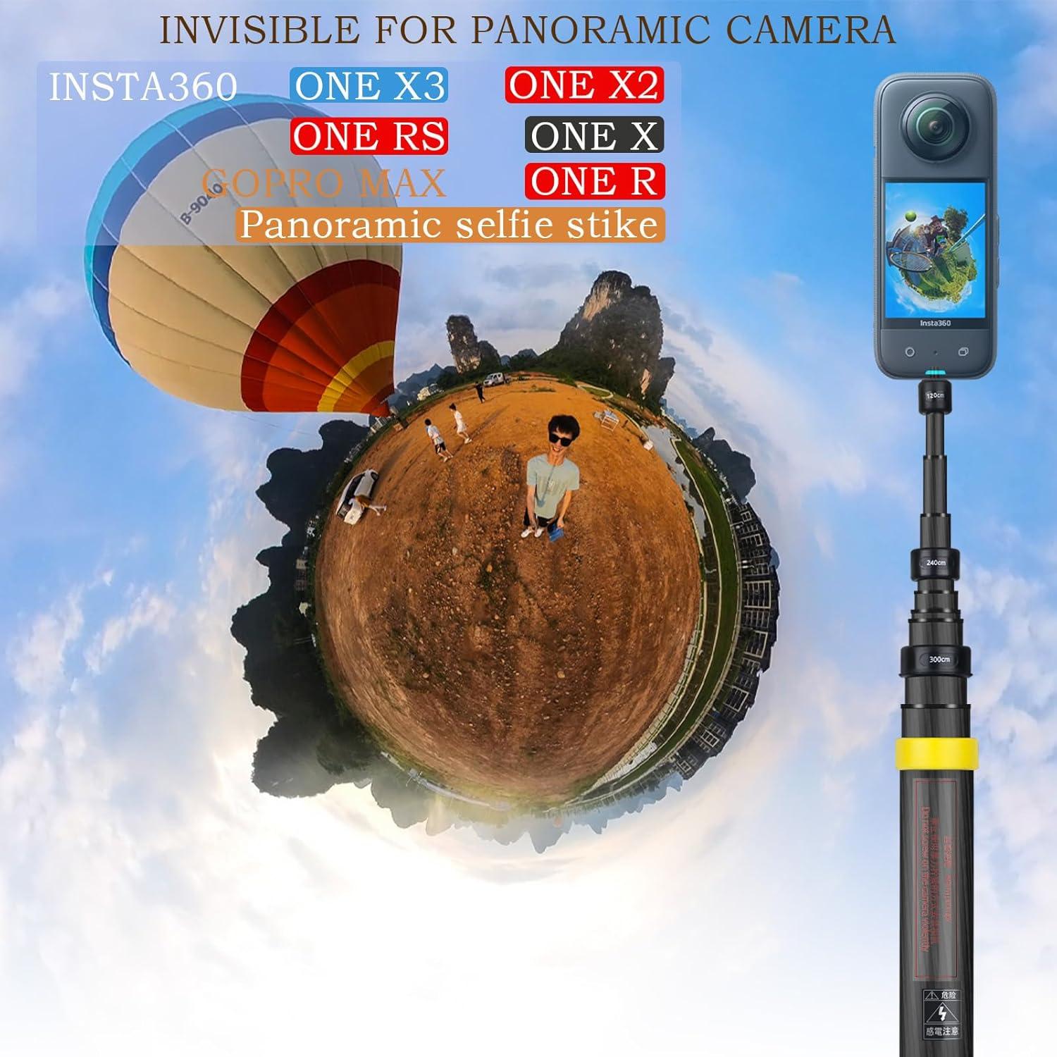 Palo de Selfie Invisible 3m Qishang para Insta360 X5/X4/X3/X2/ONE R/RS/GO 2 - Fibra de Carbono