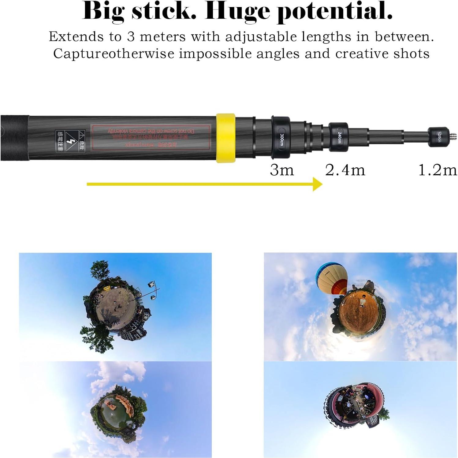 Palo de Selfie Invisible 3m Qishang para Insta360 X5/X4/X3/X2/ONE R/RS/GO 2 - Fibra de Carbono