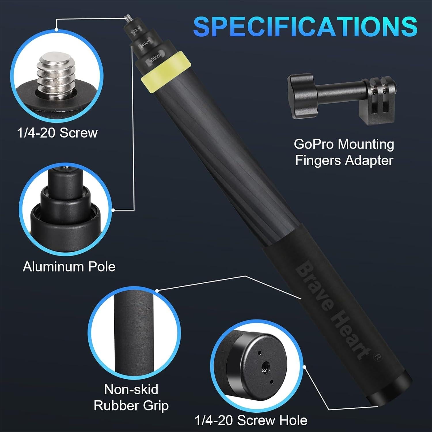 Selfie Stick Extensible 36cm a 3m Fibra de Carbono Qishang