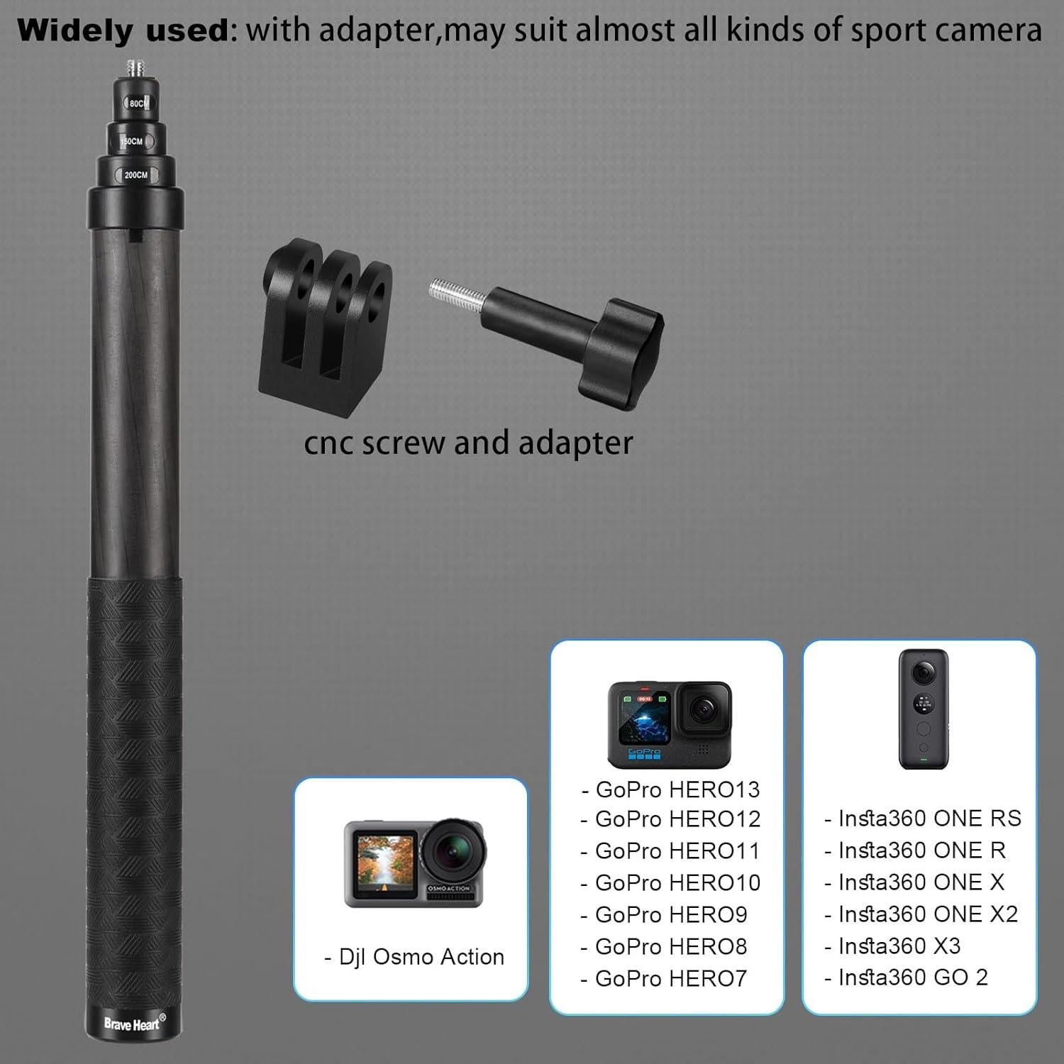 Palo de Selfie Invisible Brave Heart 33-200cm para Insta360 y GoPro