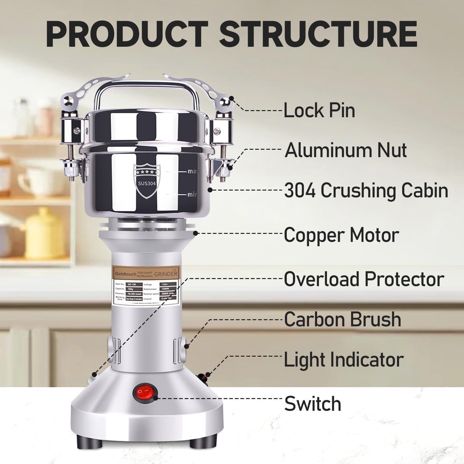 Molino de Granos Goldtouch 150g 1500W Acero Inoxidable