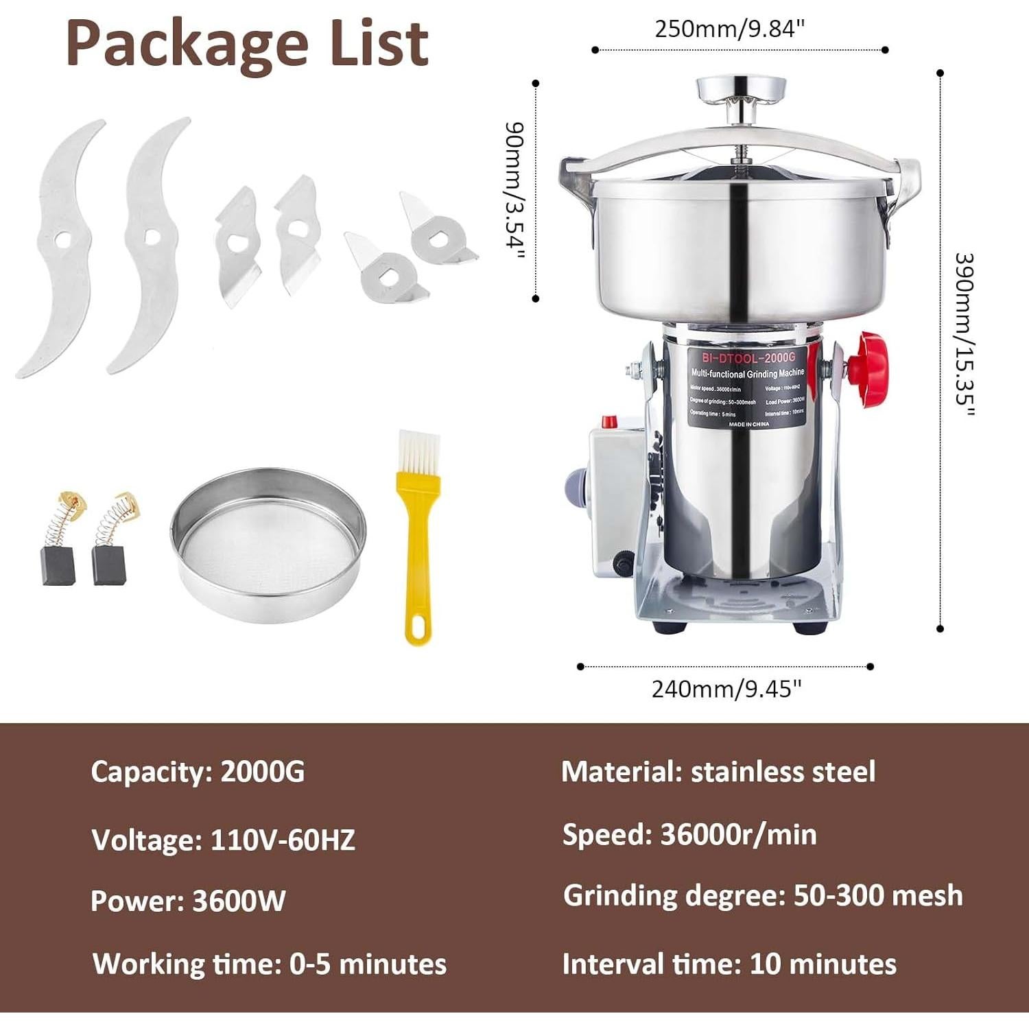 Molino de Grano Eléctrico BI-DTOOL 2000g 3600W Acero Inoxidable