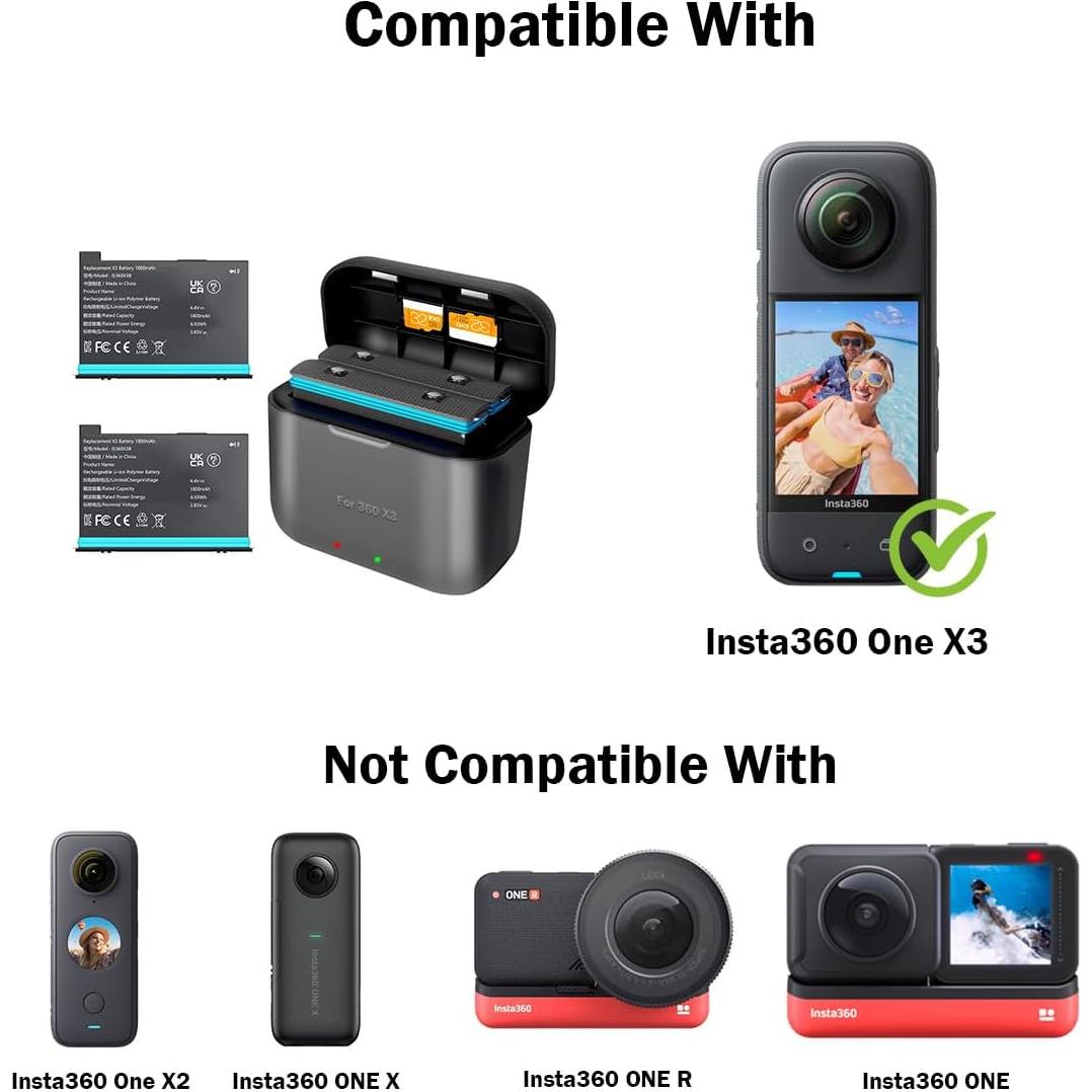 2 Baterías de Reemplazo 1800mAh con Hub Cargador NBZZ para Insta360 X3