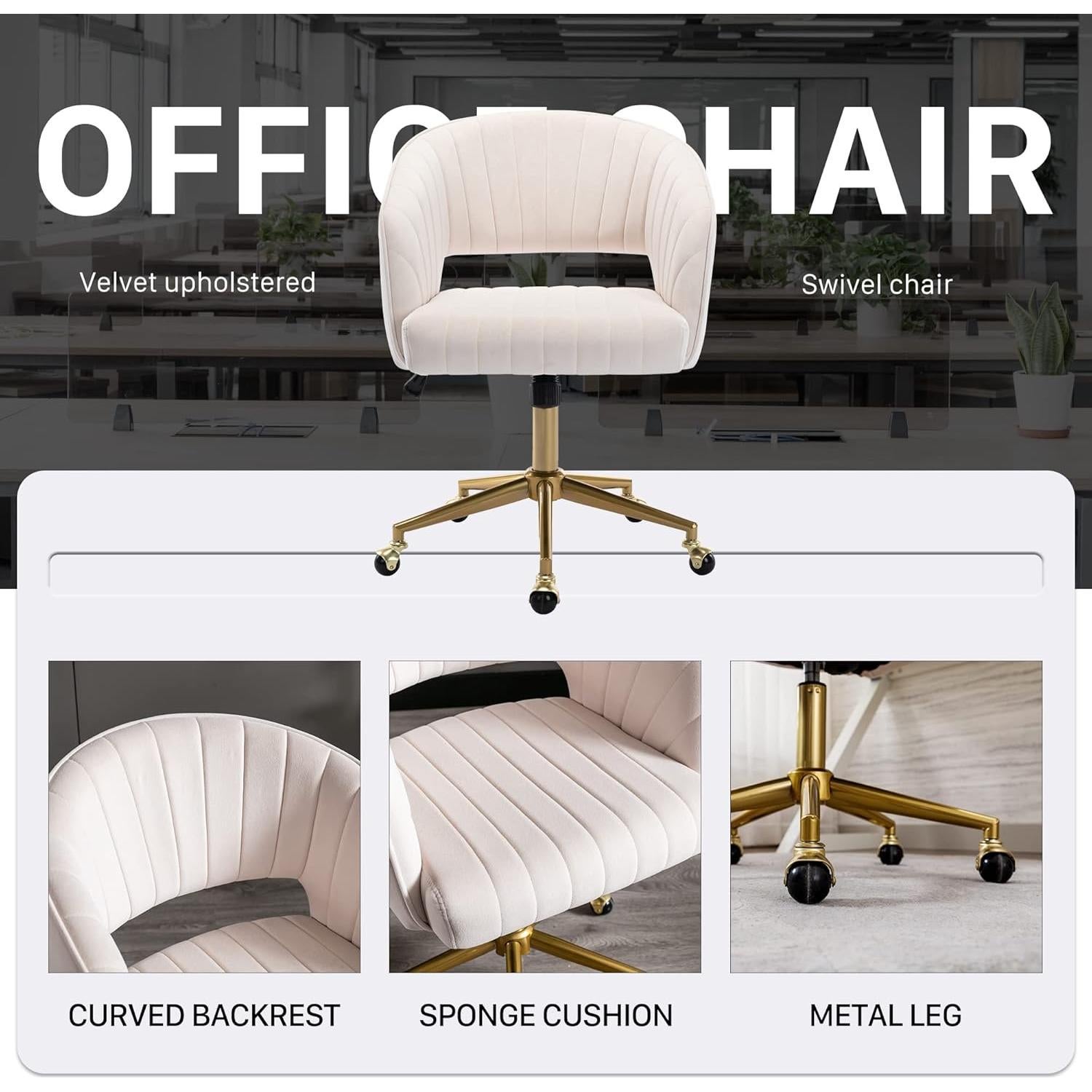 Silla de Oficina Giratoria KCC de Terciopelo Crema Ergonómica