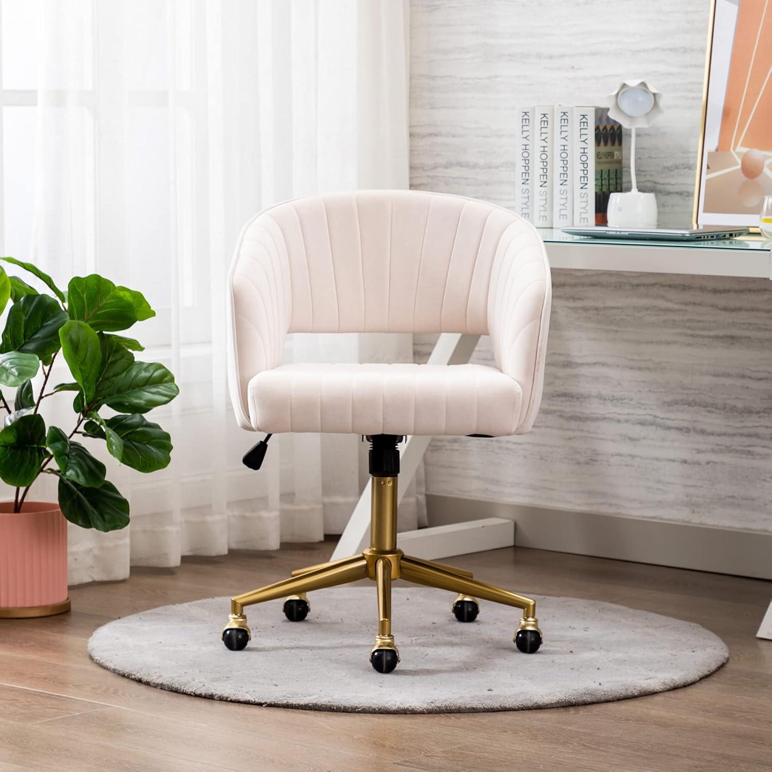 Silla de Oficina Giratoria KCC de Terciopelo Crema Ergonómica