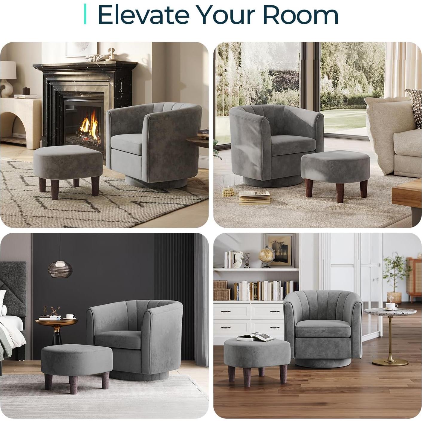 Silla de Acento Giratoria LINSY con Otomán Gris 360°