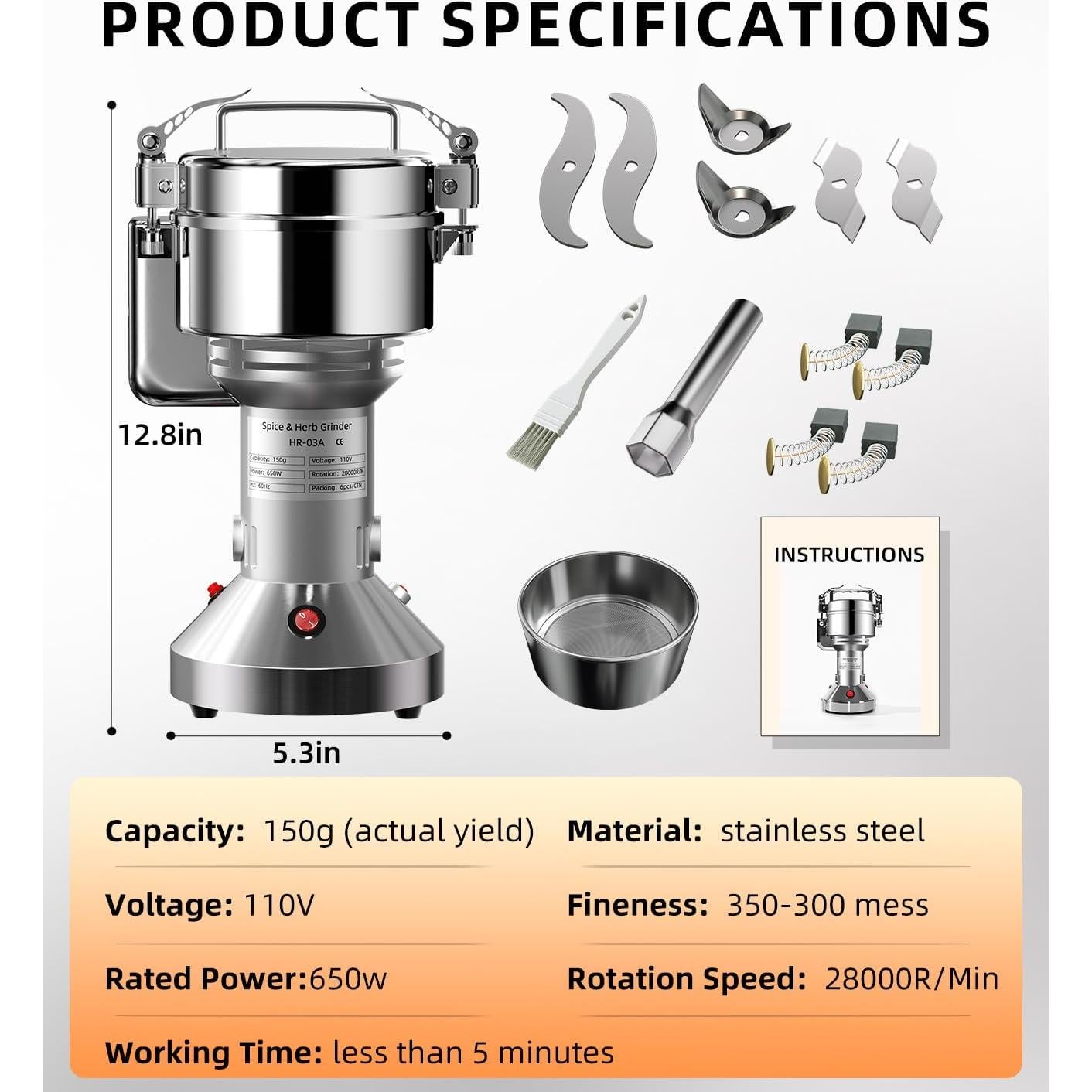 Molino de Granos Eléctrico HORUS 150g Acero Inoxidable