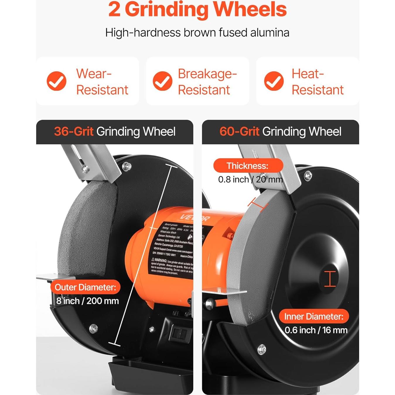 Esmeril de Banco VEVOR 8" 550W 3450RPM con Ruedas de 36/60 Granos