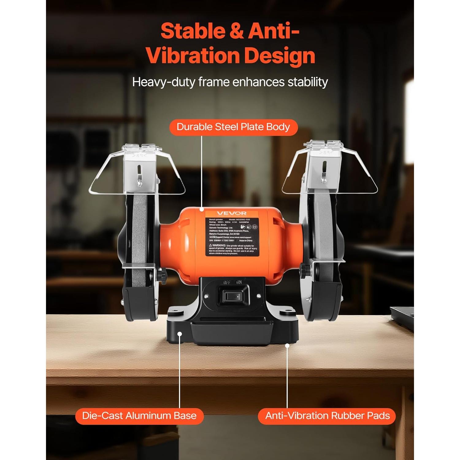 Esmeril de Banco VEVOR 8" 550W 3450RPM con Ruedas de 36/60 Granos