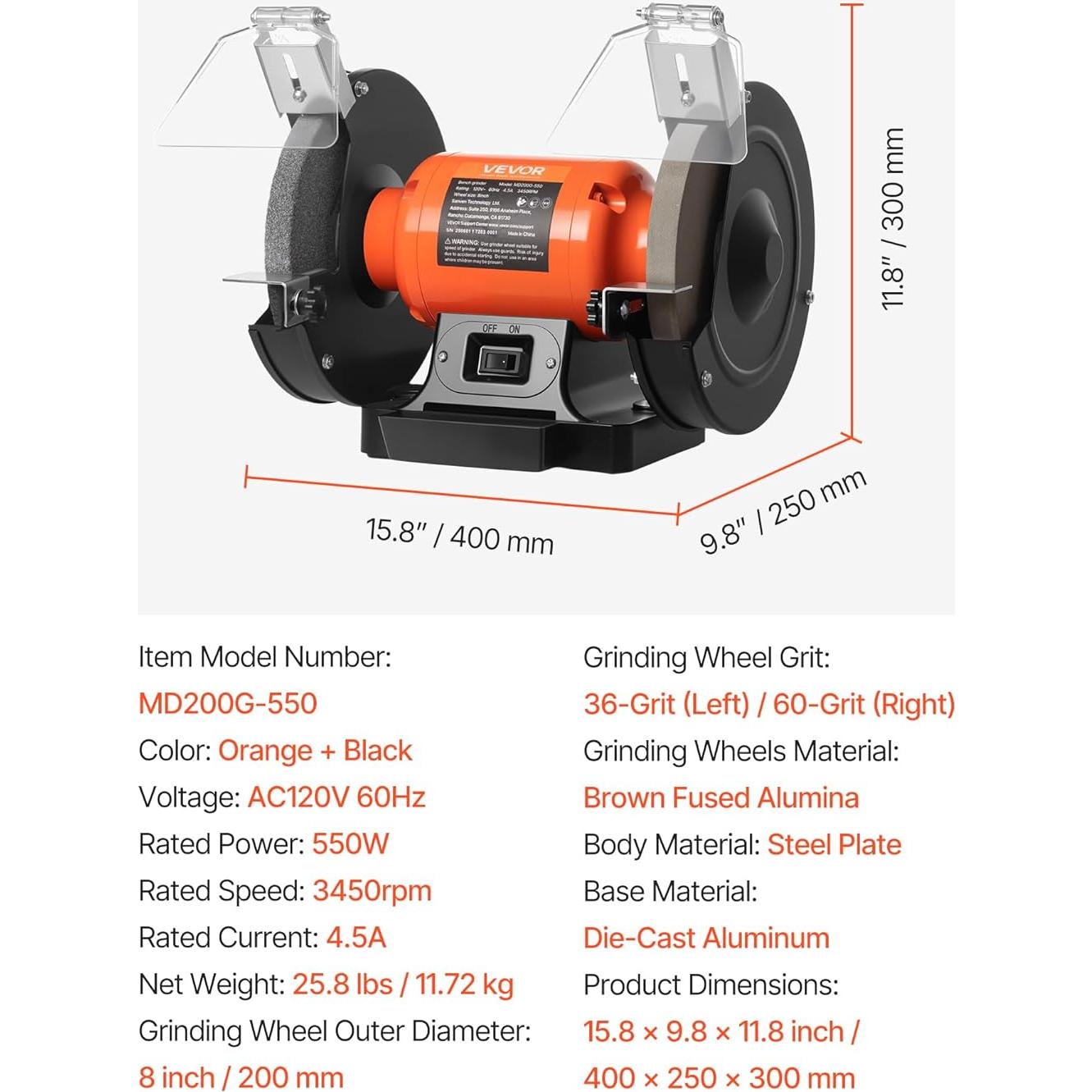 Esmeril de Banco VEVOR 8" 550W 3450RPM con Ruedas de 36/60 Granos