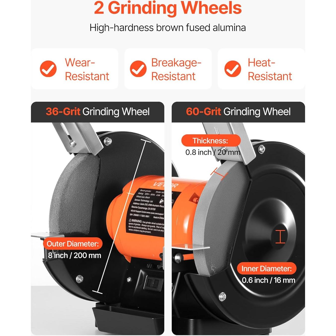 Esmeril de Banco VEVOR 8" 350W 3450RPM con Ruedas de 36/60 Granos