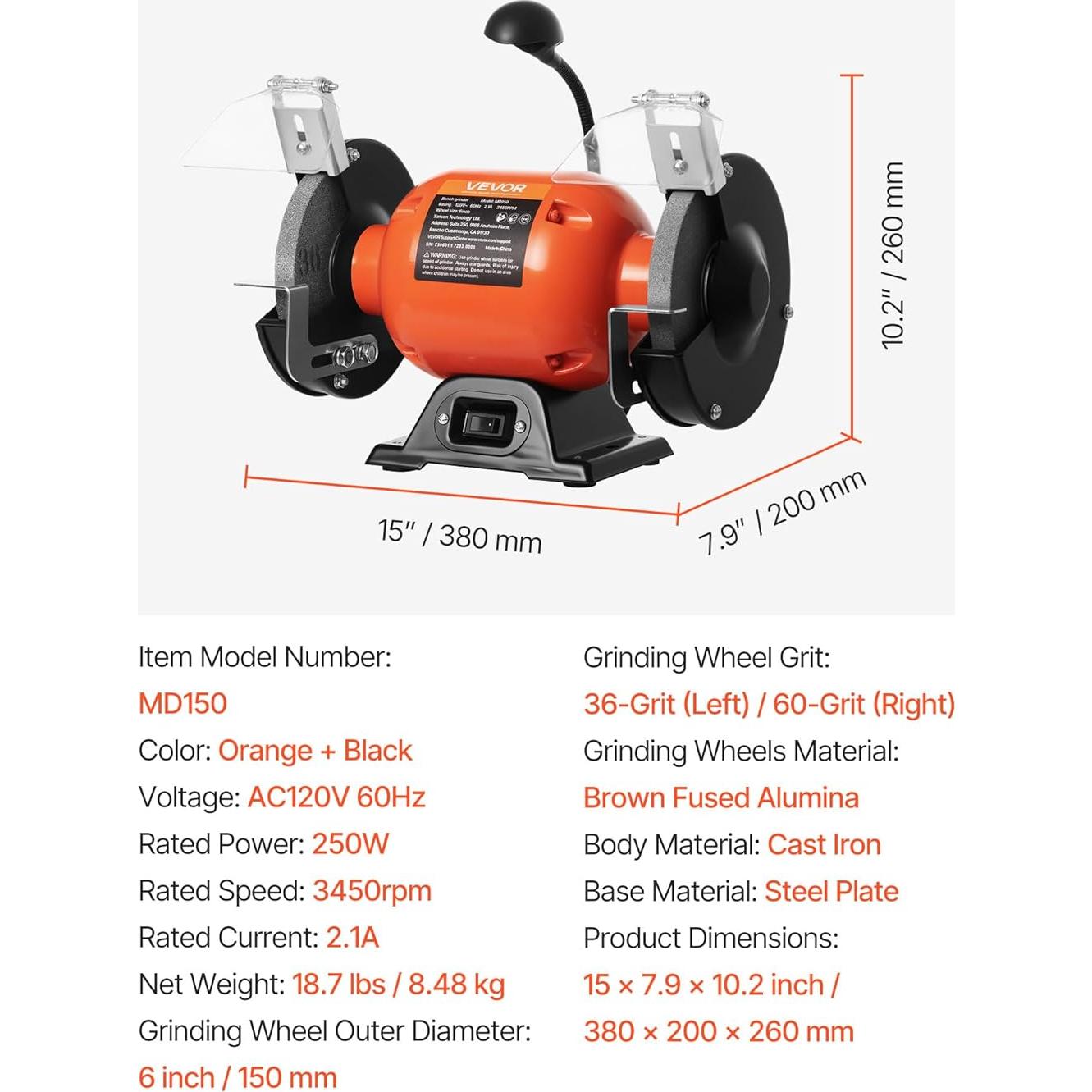 Esmeril de Banco VEVOR 6" 250W 3450RPM con Luz LED