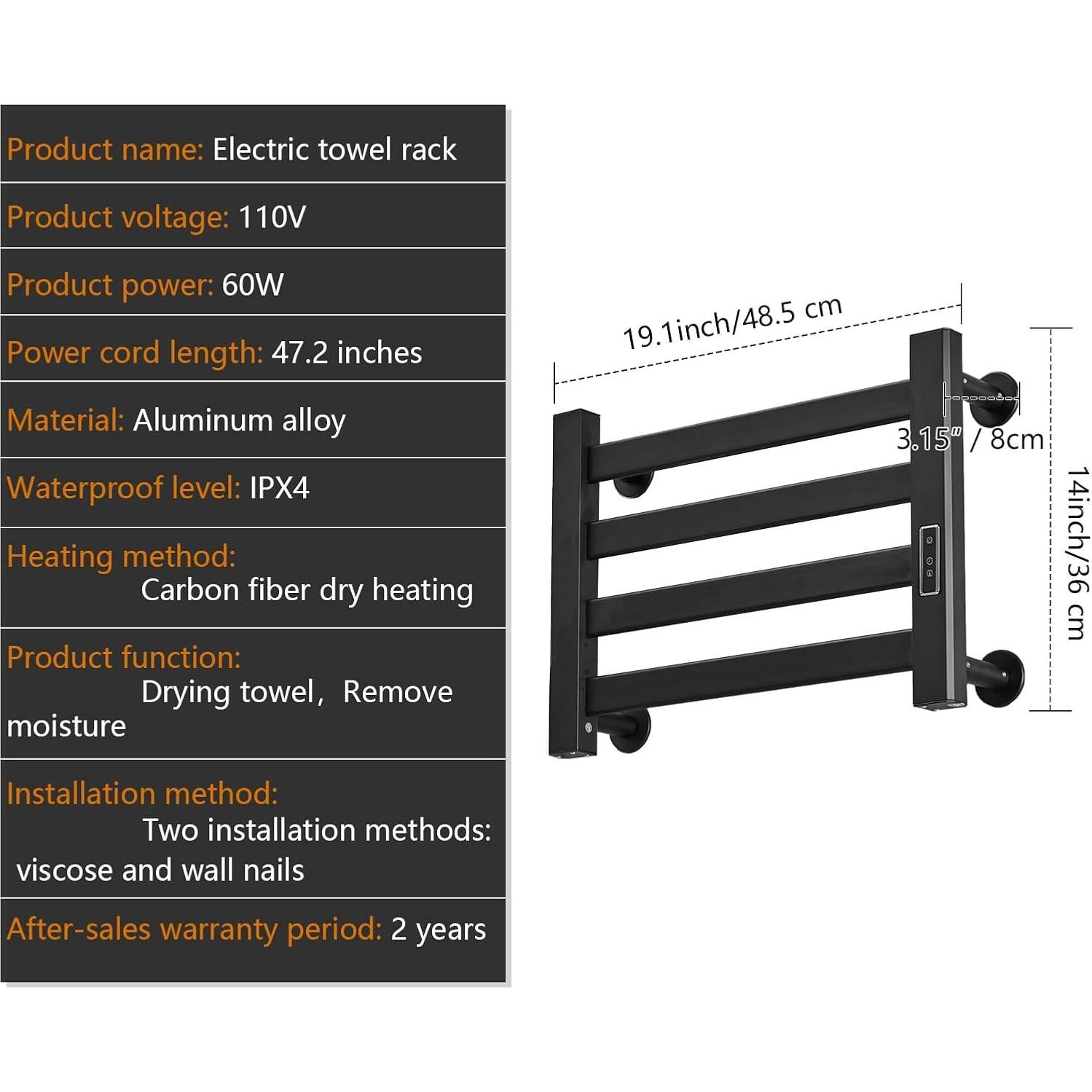 Soporte para Toallas Calentador Verida M19 35.1x48.5cm Negro