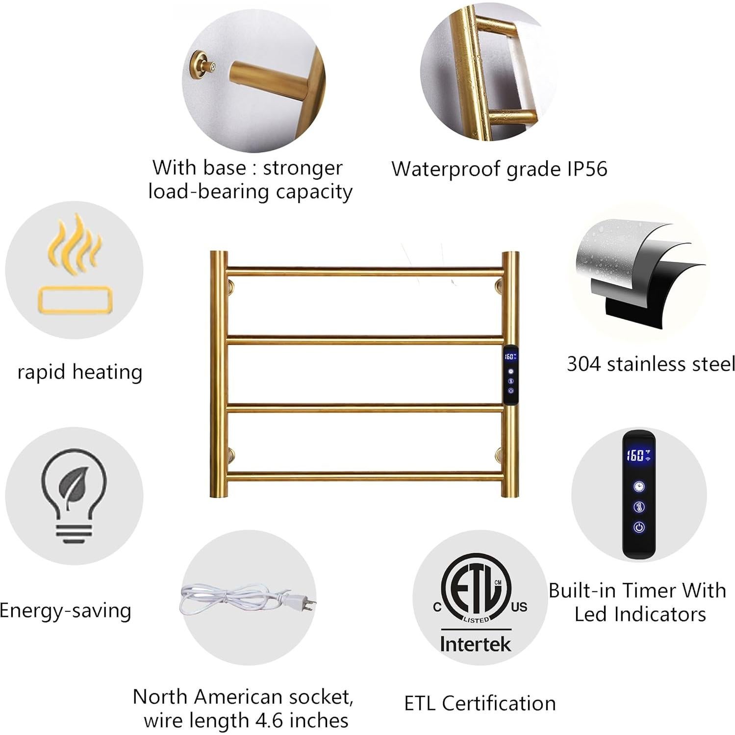 Soporte Calentador de Toallas MEIJIELUO 4 Barras Oro Cepillado